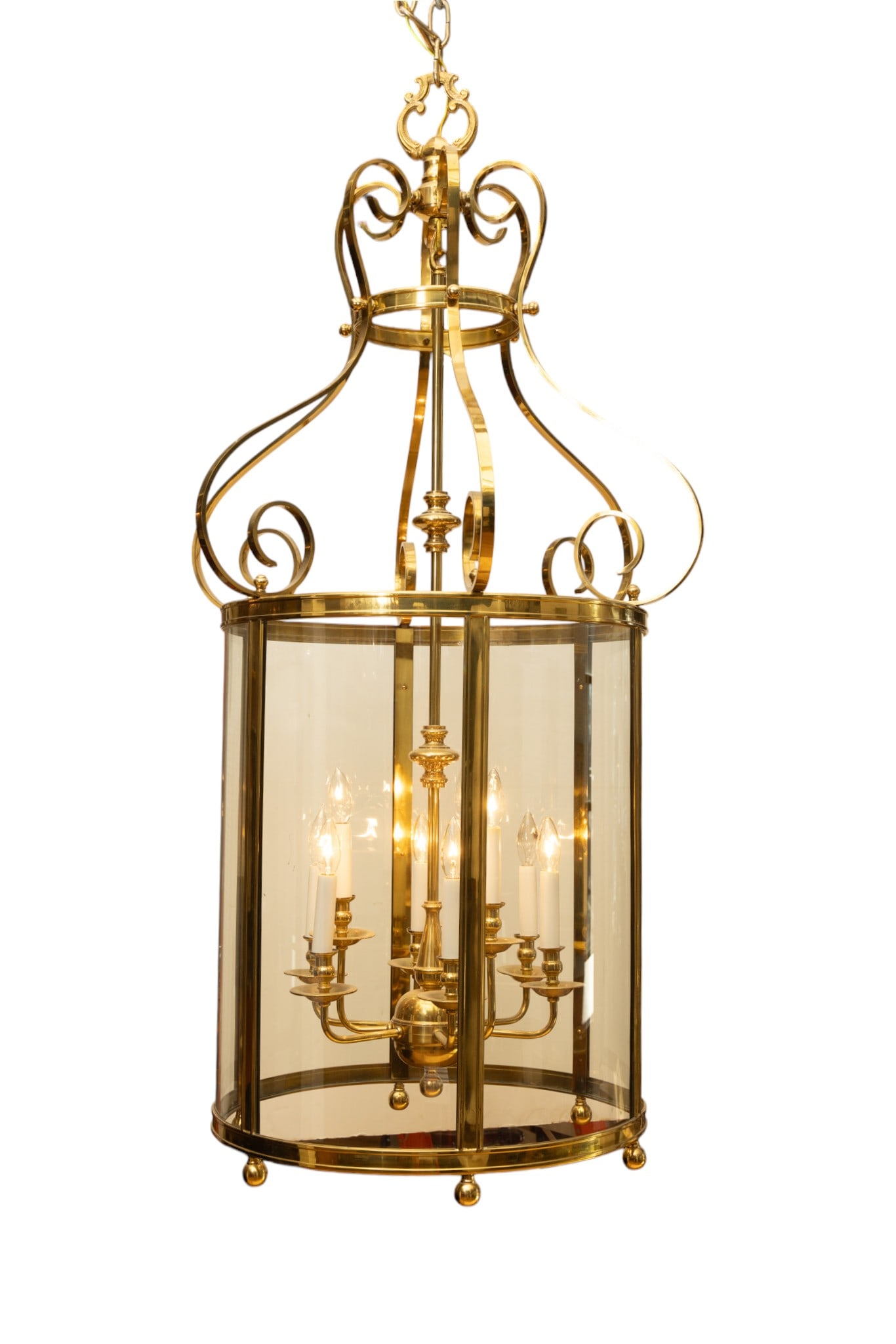 Georgian Style Brass and Glass 12 Light Entryway Hall Lantern 20th C., H 56" Dia. 29" (1 of 8)