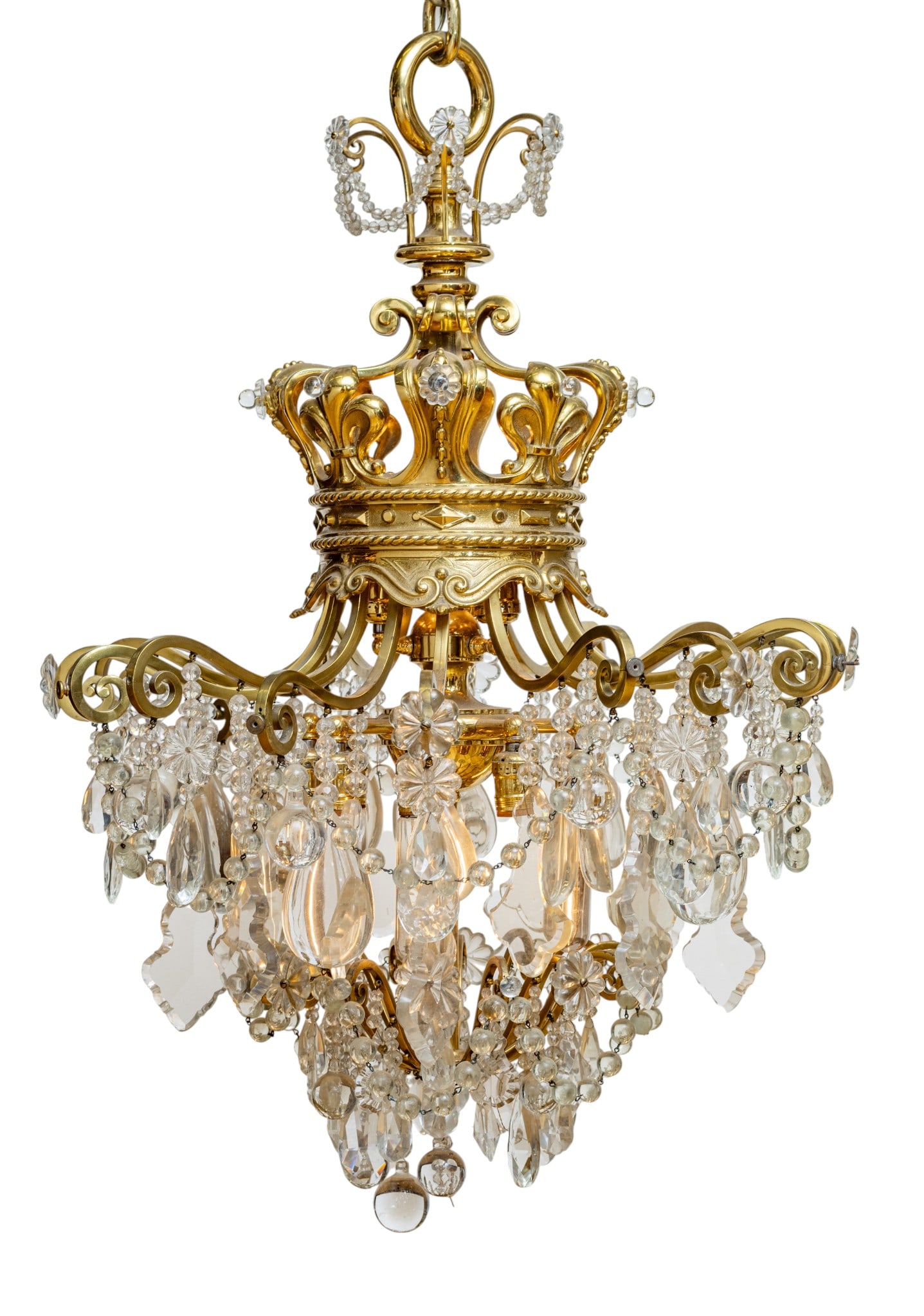 French Louis XVI Style Twelve Light Dore Bronze and Crystal Chandelier, Ca. 1920-30, H 33" Dia. 22" (1 of 6)