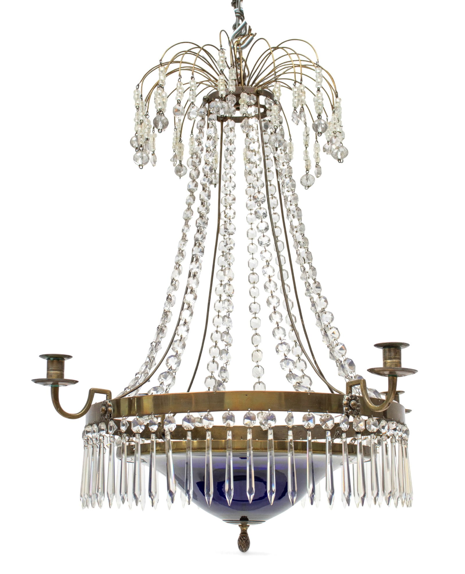 Four-Light Crystal and Blue Glass Chandelier H 29" Dia. 25" (1 of 8)