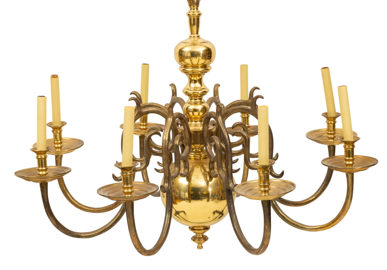 Dutch Baroque Style Brass Eight Light Chandelier, Ca. Mid 20th C., H 28" Dia. 38" (1 of 3)