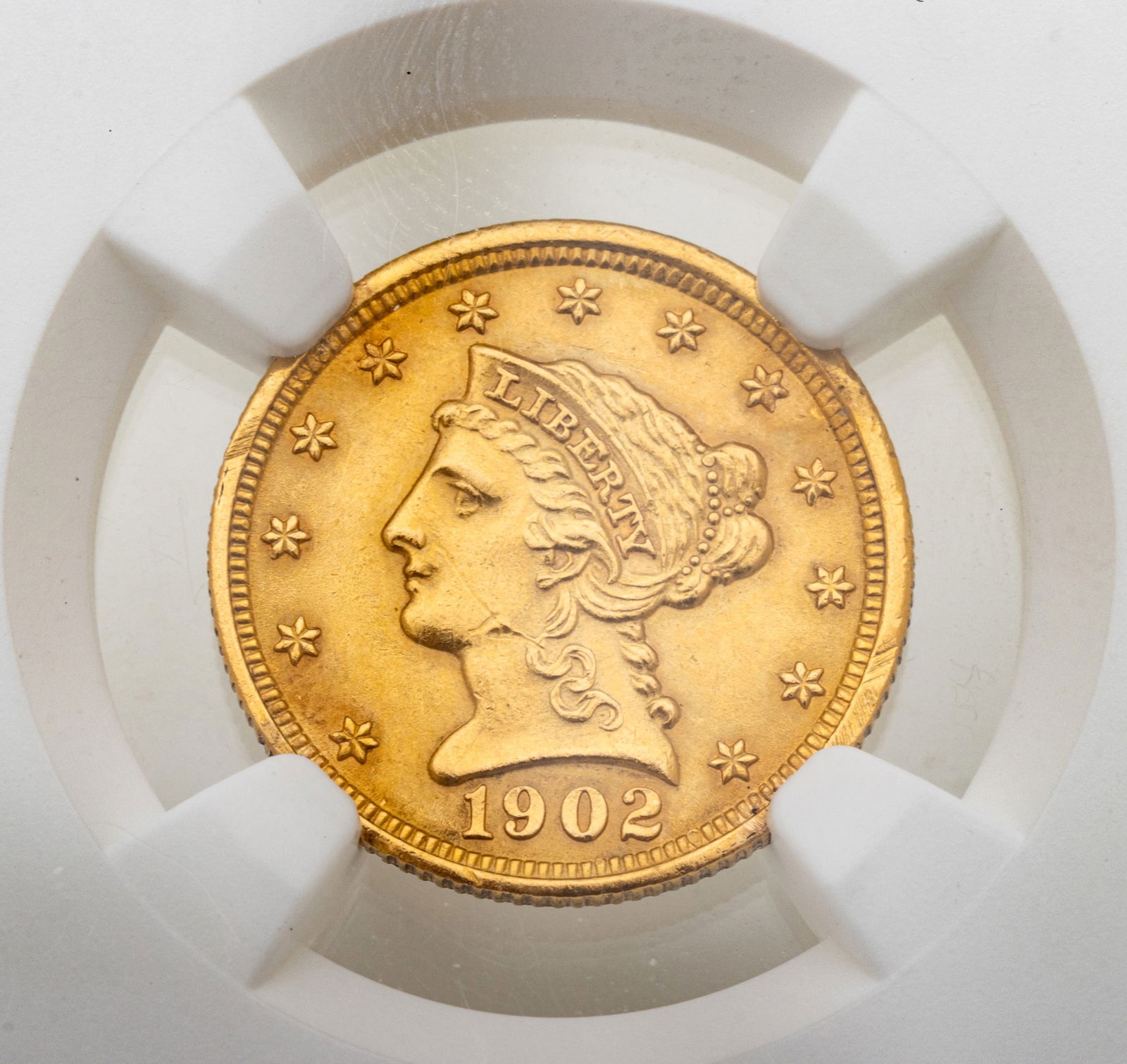 1902 $2.5 Liberty Head Gold Coin, AU Details 1 PC: 1902 $2.5 Liberty Head Gold Coin, AU Details 1 PC Numismatic Guaranty Company graded, 6857974-003. Provenance: Property of a Prominent Grosse Pointe, MI Collector Dimensions: 1 PC