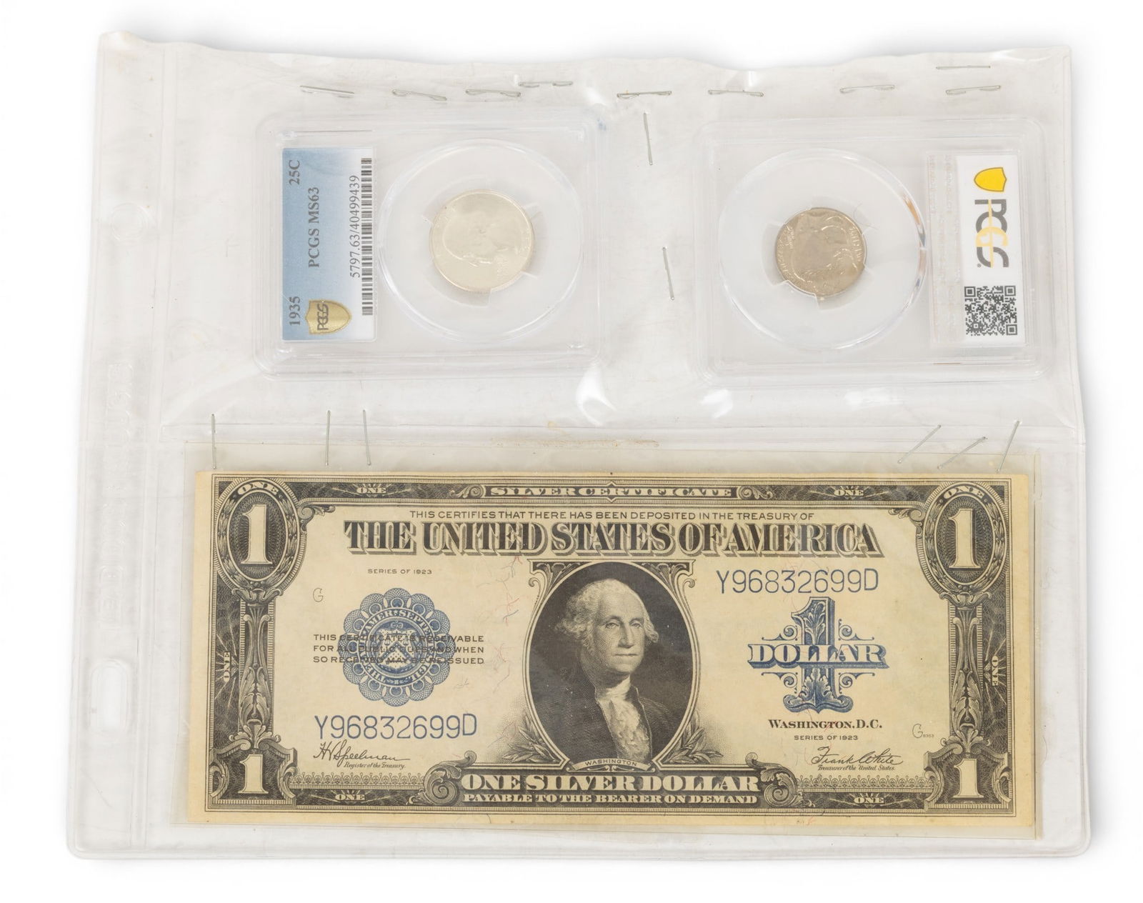 US 1923 - $1Silver Certificate, Graded 1935 Washington 25 Cent Quarter & 1937Buffalo Nickel, 3 PCS (1 of 6)