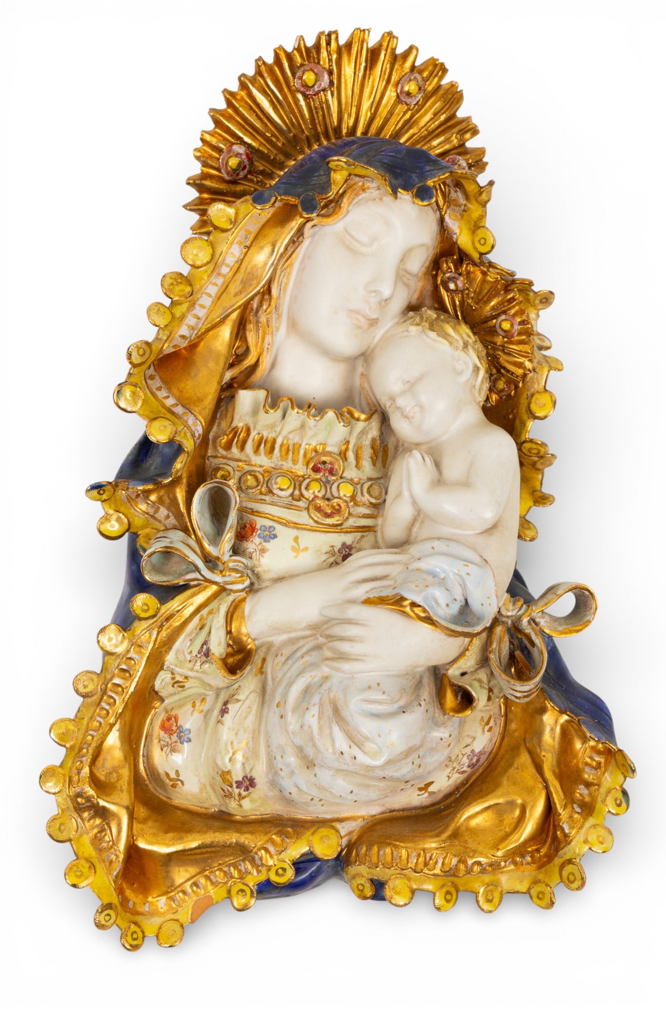 Carbet (Italian) Hand Painted Ceramic Madonna and Child Wall Plaque, Mid 20th C., H 11.5" W 7" (1 of 4)