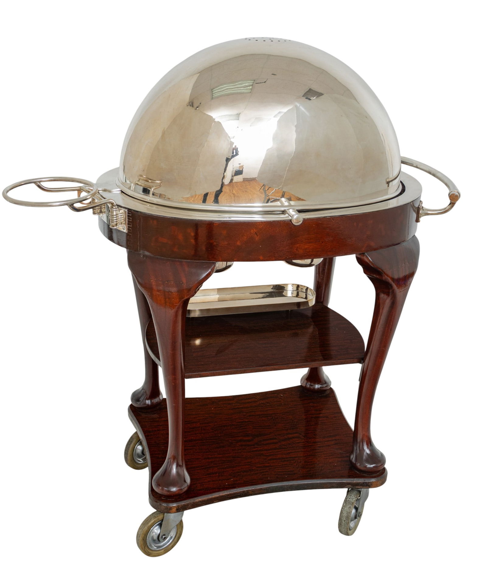 Drakes (London, England) Queen Anne Style Silver Plate and Carved Mahogany Beef Trolly, Model D/6, (1 of 9)