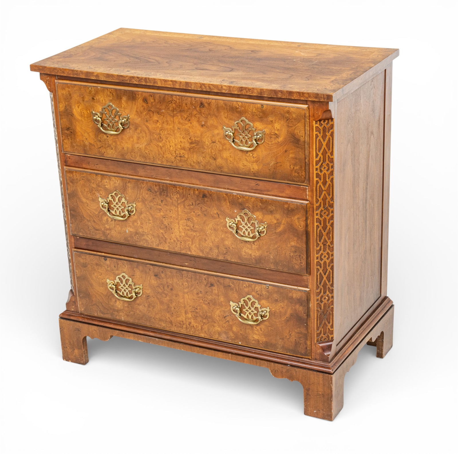 Baker Furniture (American) Burl Walnut Chinese Chippendale Style Chest of Drawers, Ca. 1975, H 31" W (1 of 12)