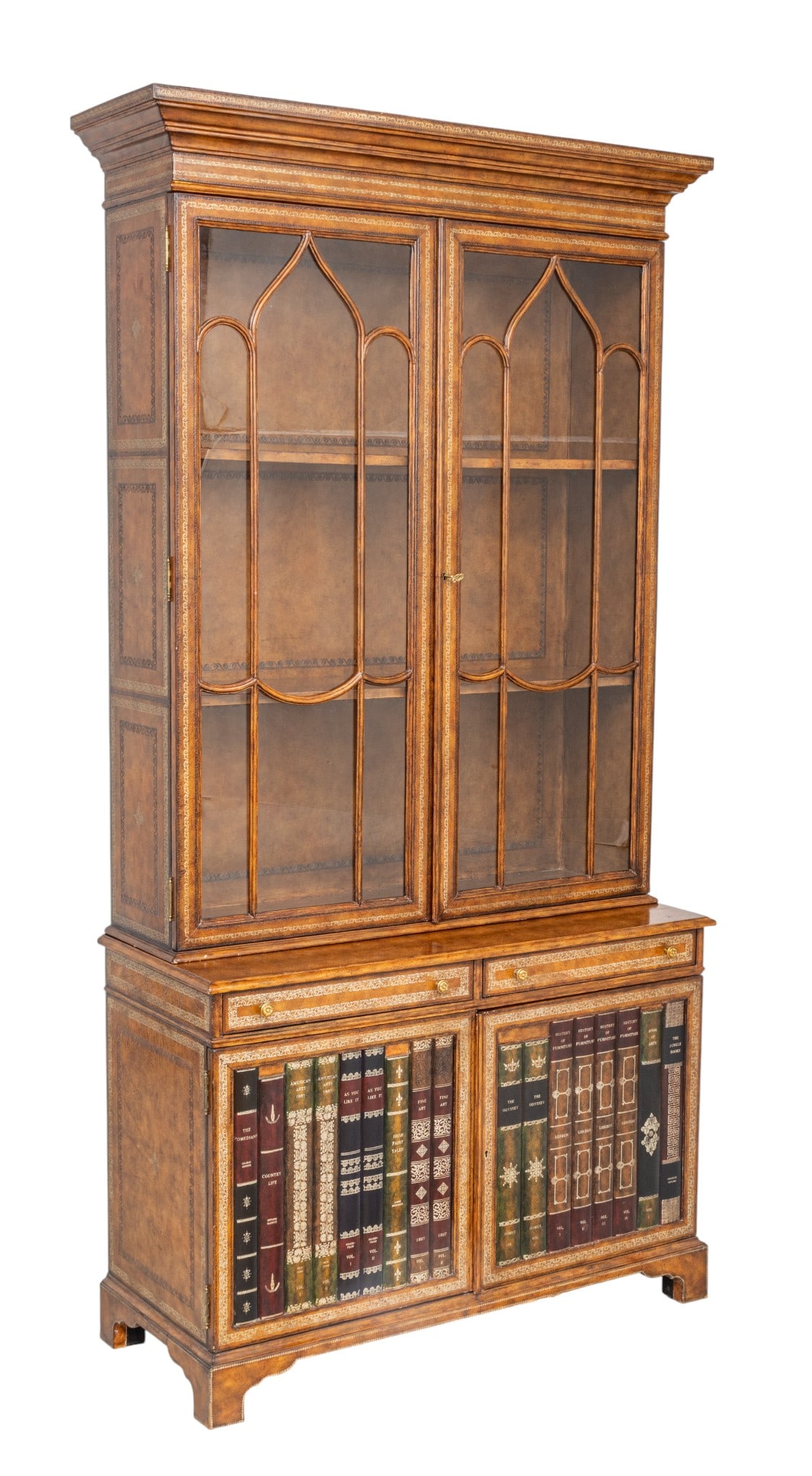 Maitland Smith Tooled Leather on Wood Clad Bookcase 1980, H 88" W 46" Depth 18" 1 PC (1 of 6)