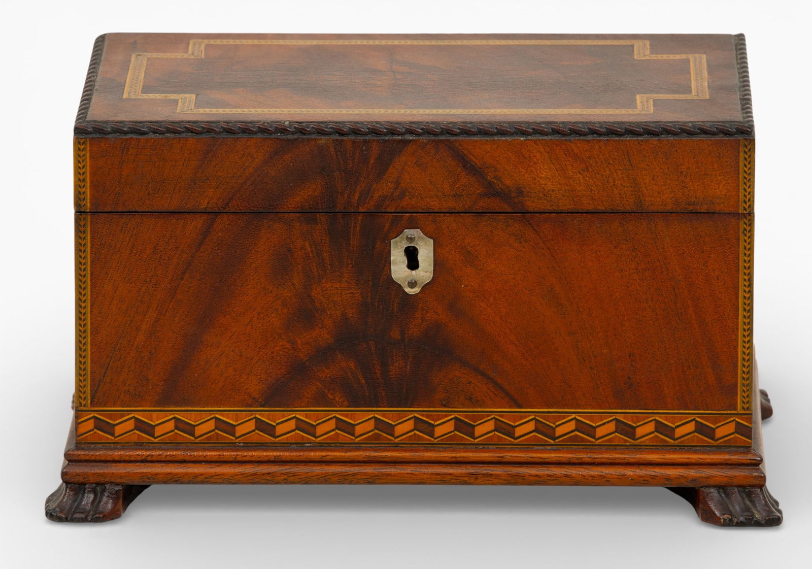 Marquetry Inlaid Mahogany with Inlays Tea Caddy, Ca. 20th Cent., H 5.25" W 10" Depth 6" (1 of 6)