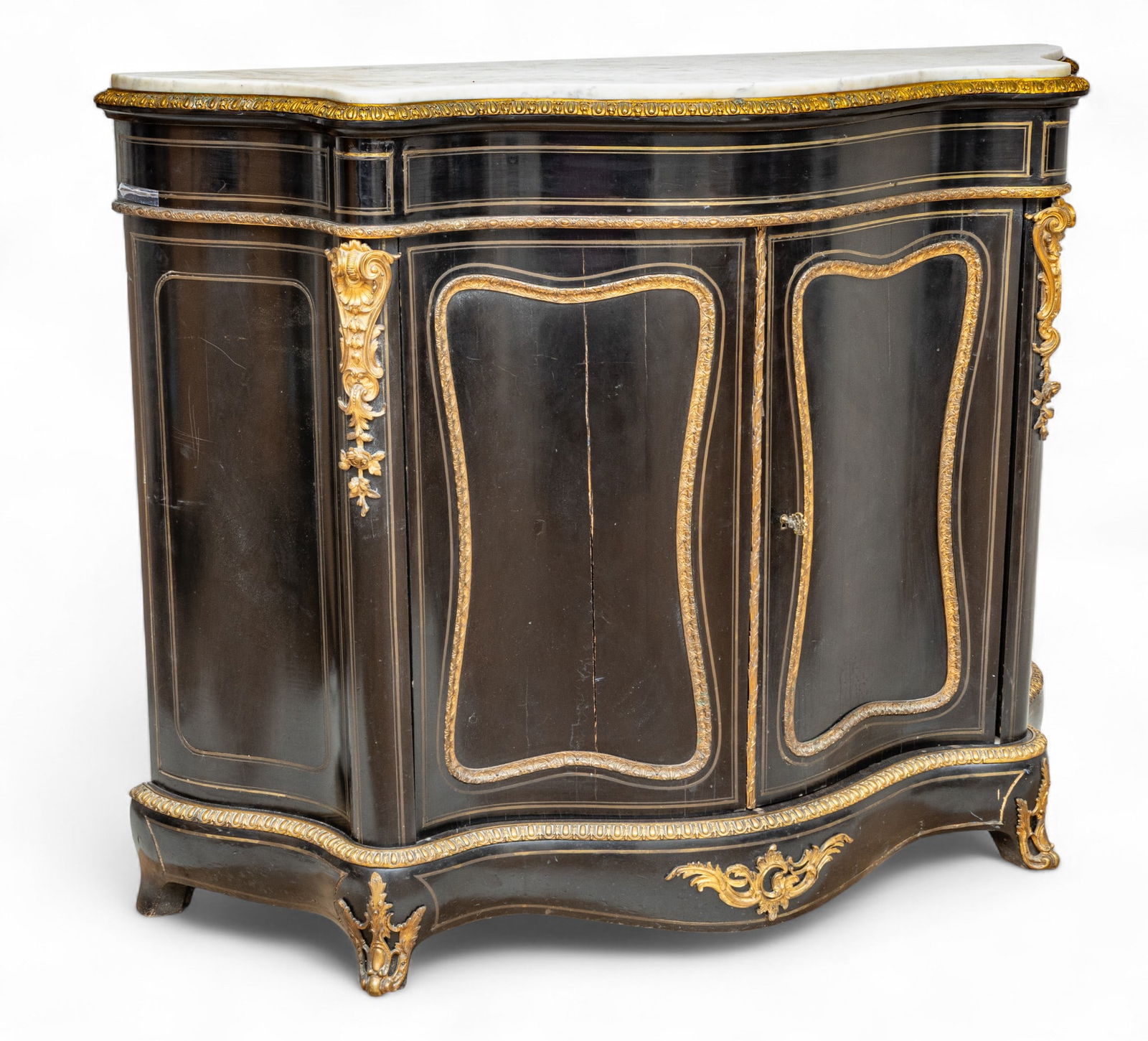 French Second Empire Ebonized Wood and Bronze Ormolu Marble Top Boulle Cabinet, Ca. 1860, H 43.5" W (1 of 11)