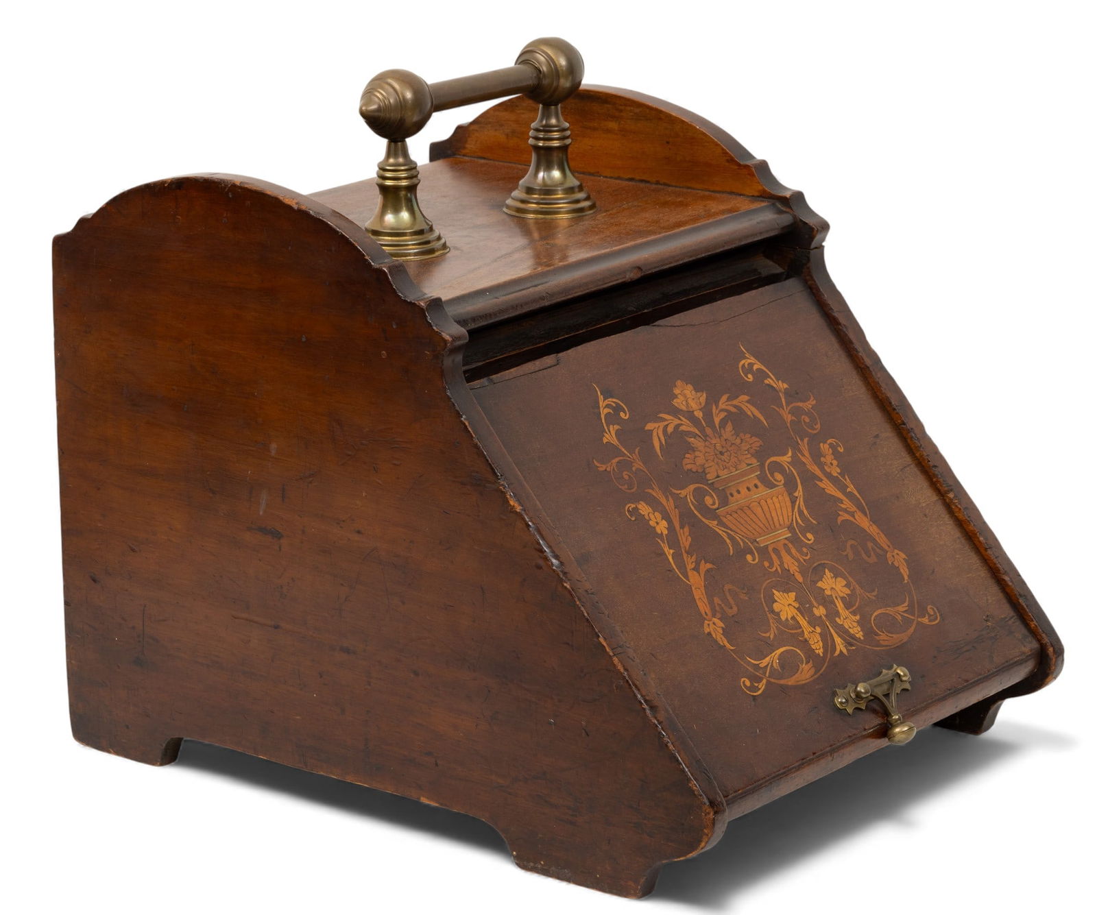 English Mahogany Fireplace Scuttle, Satinwood Inlay 1860, H 15" Depth 17" (1 of 6)