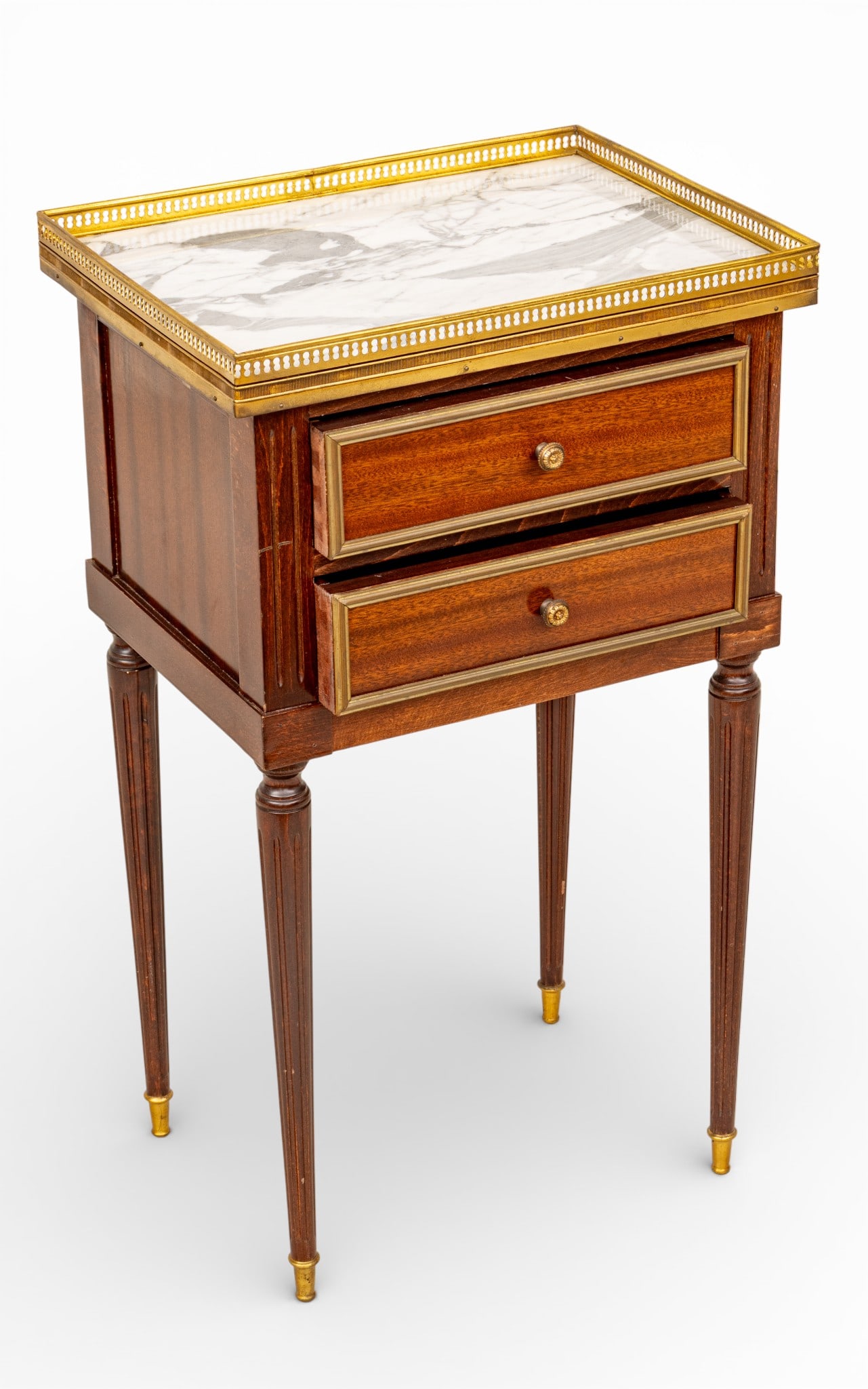 Louis XVI Style Mahogany and Bronze Accented Marble Top End Table 20th C., H 29" W 17" Depth 13" (1 of 6)