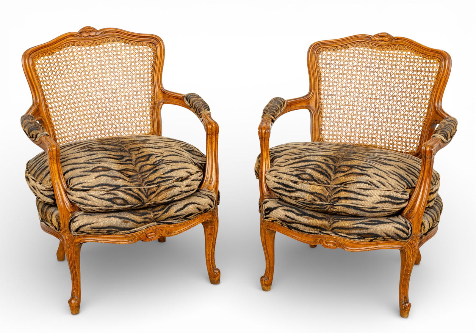 Danby Furniture Co. French Style Carved Walnut and Cane Armchairs, Ca. 1960, H 30" W 24" Depth 21" (1 of 7)
