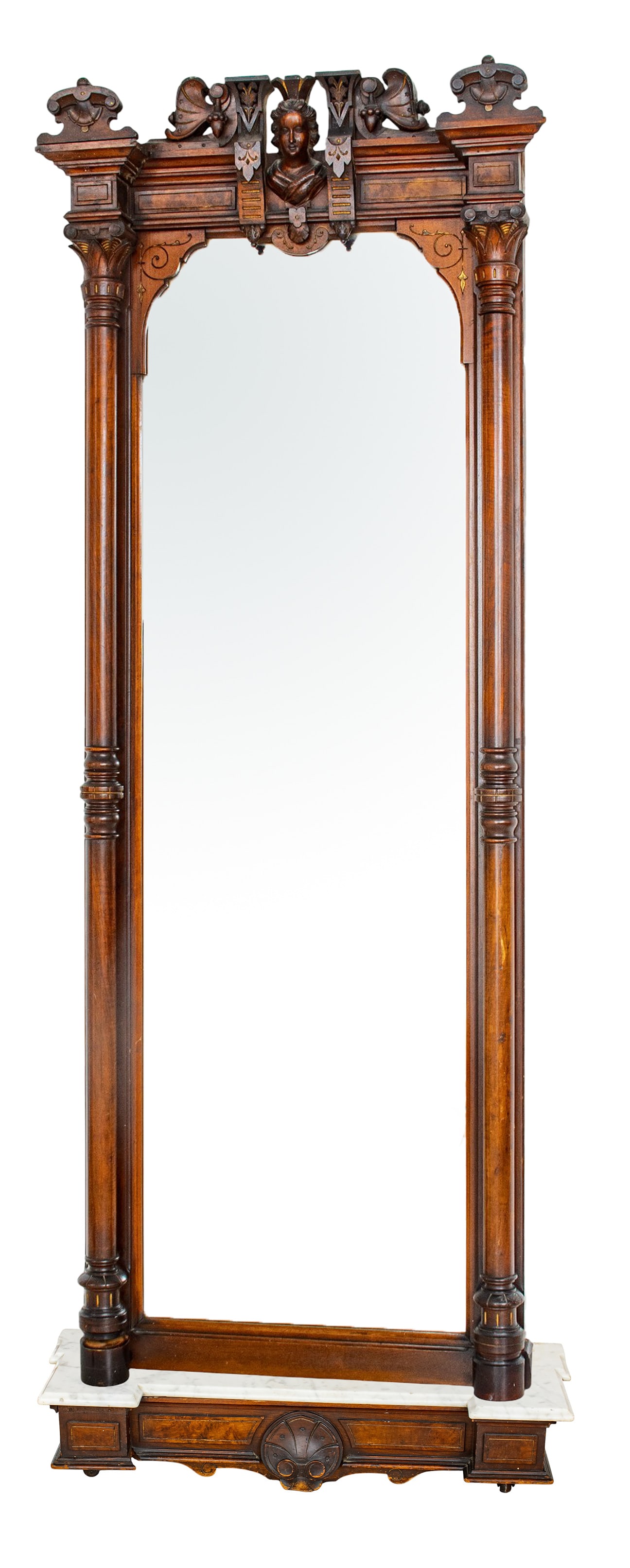 Eastlake Carved Walnut Pier Mirror and Marble Top Base, Ca. 1890, H 106" W 38" Depth 13" (1 of 5)