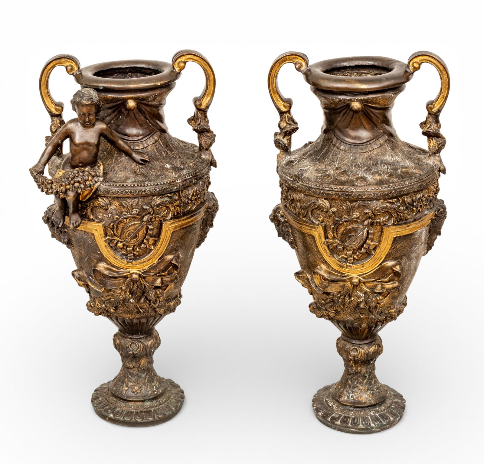 French Style Monumental Bronze Urns, 20th C., H 31.5" W 15" Depth 12" 1 PAIR (1 of 9)