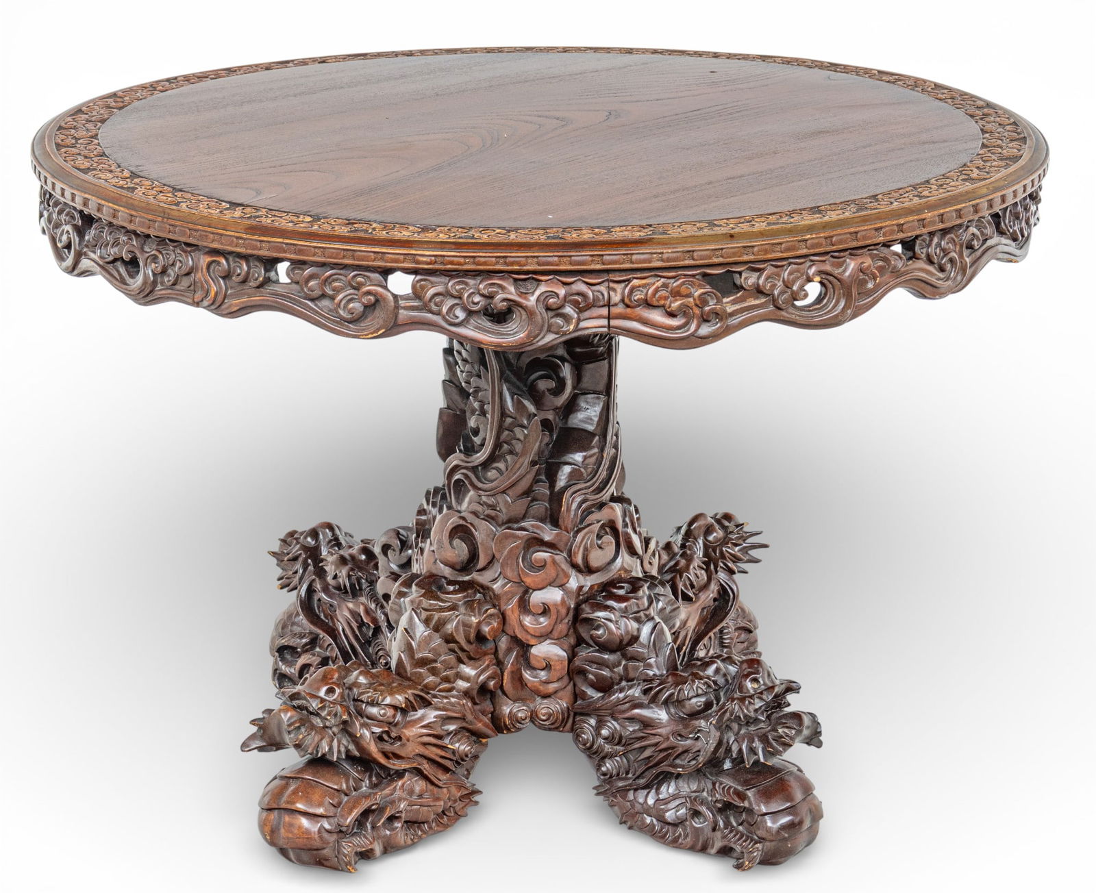 Chinese Caved Wood Dragon Table 20th Cent., H 29" Dia. 42.75" (1 of 7)