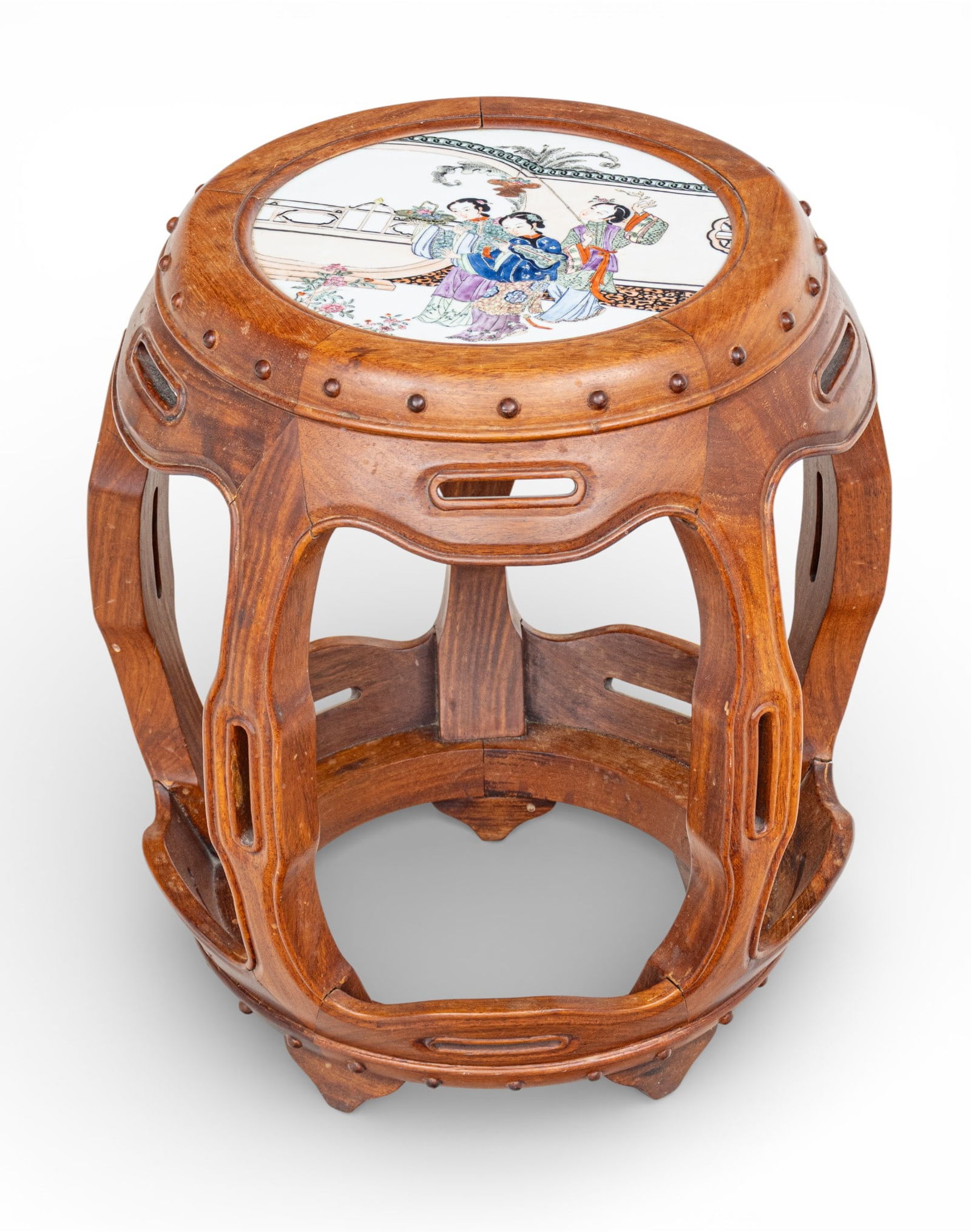 Chinese Porcelain Top Teak Drum Stool, Ca. Late 20th Cent., H 18" Dia. 16" (1 of 5)