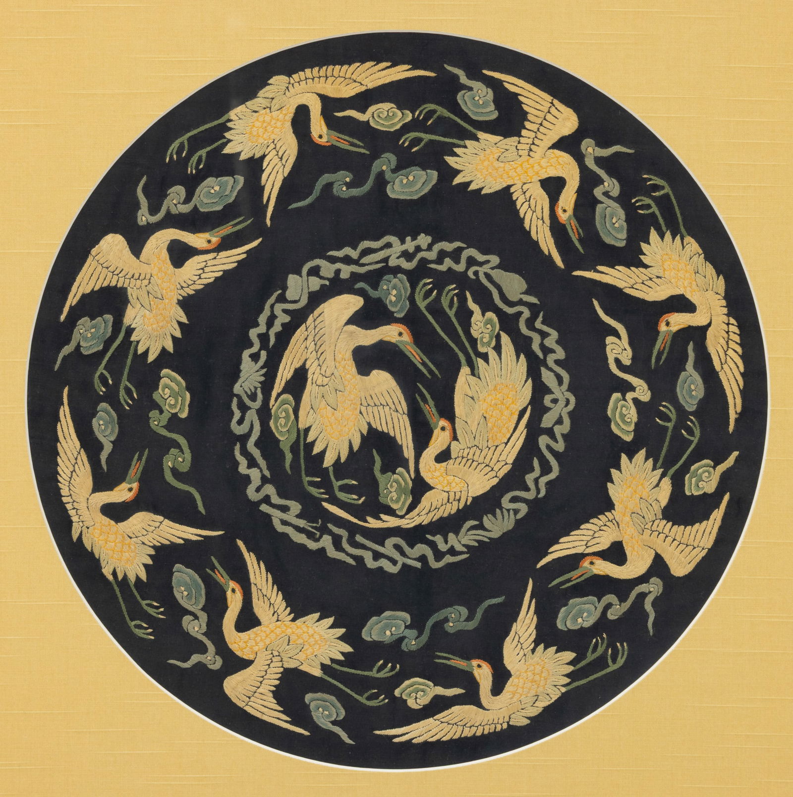 Chinese Silk on Silk Heron Embroidery Mandarin Square, Ca. 1900, Dia. 16" Frame Size: H 22" W 21.75" (1 of 3)