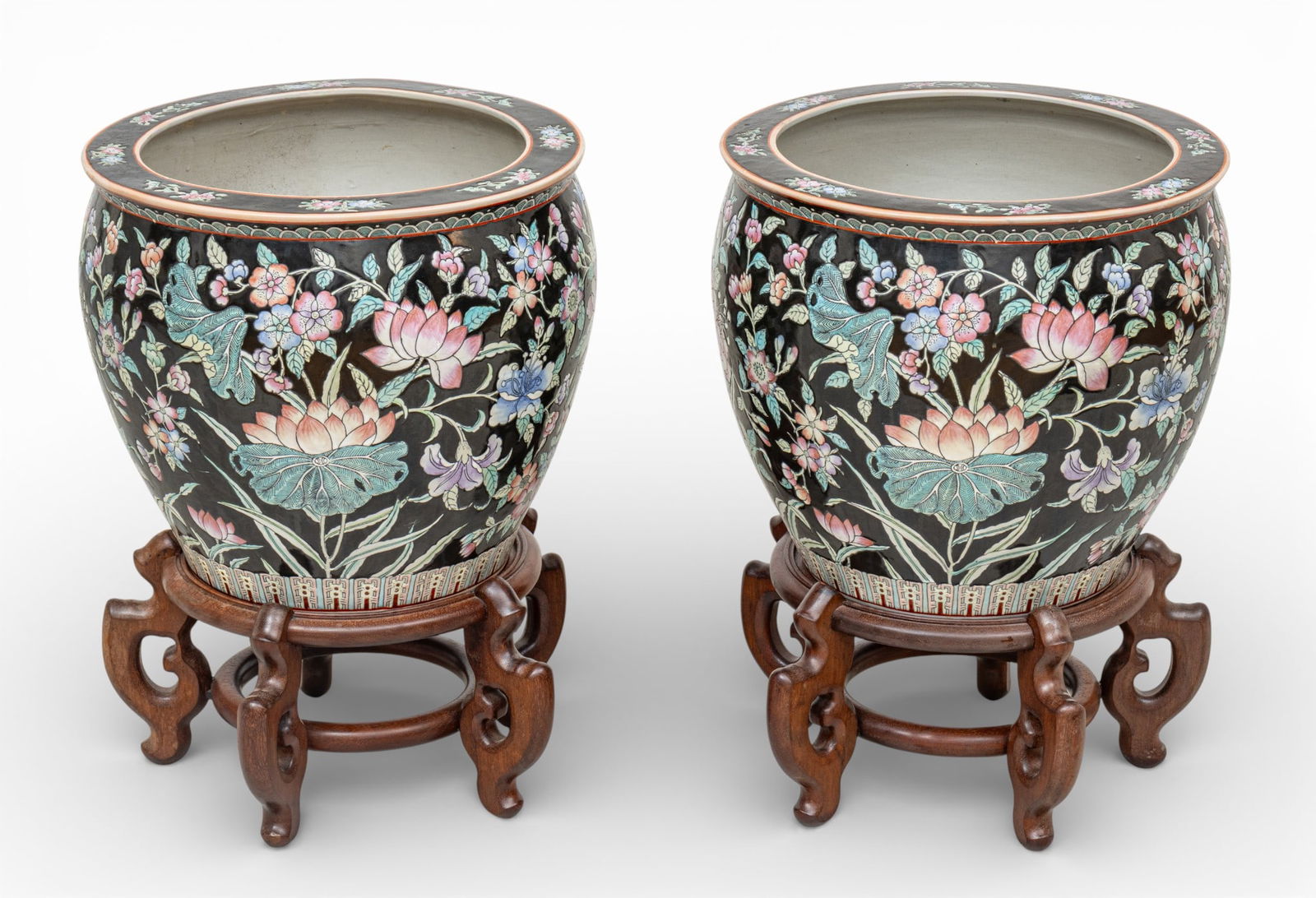 Pair of Chinese Porcelain Famille-Noir Planters on Wood Stands 1980, H 14" Dia. 16" 4 PCS (1 of 11)