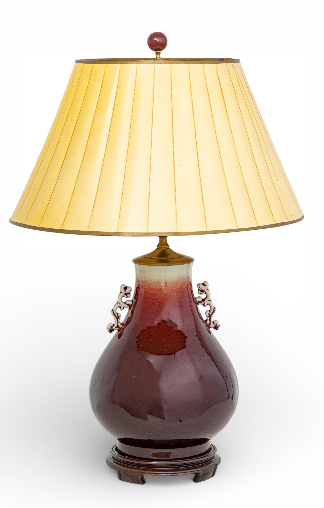 Porcelain Double Handle Oxblood Table Lamp, Ca. 20th Cent., H 12" (1 of 4)