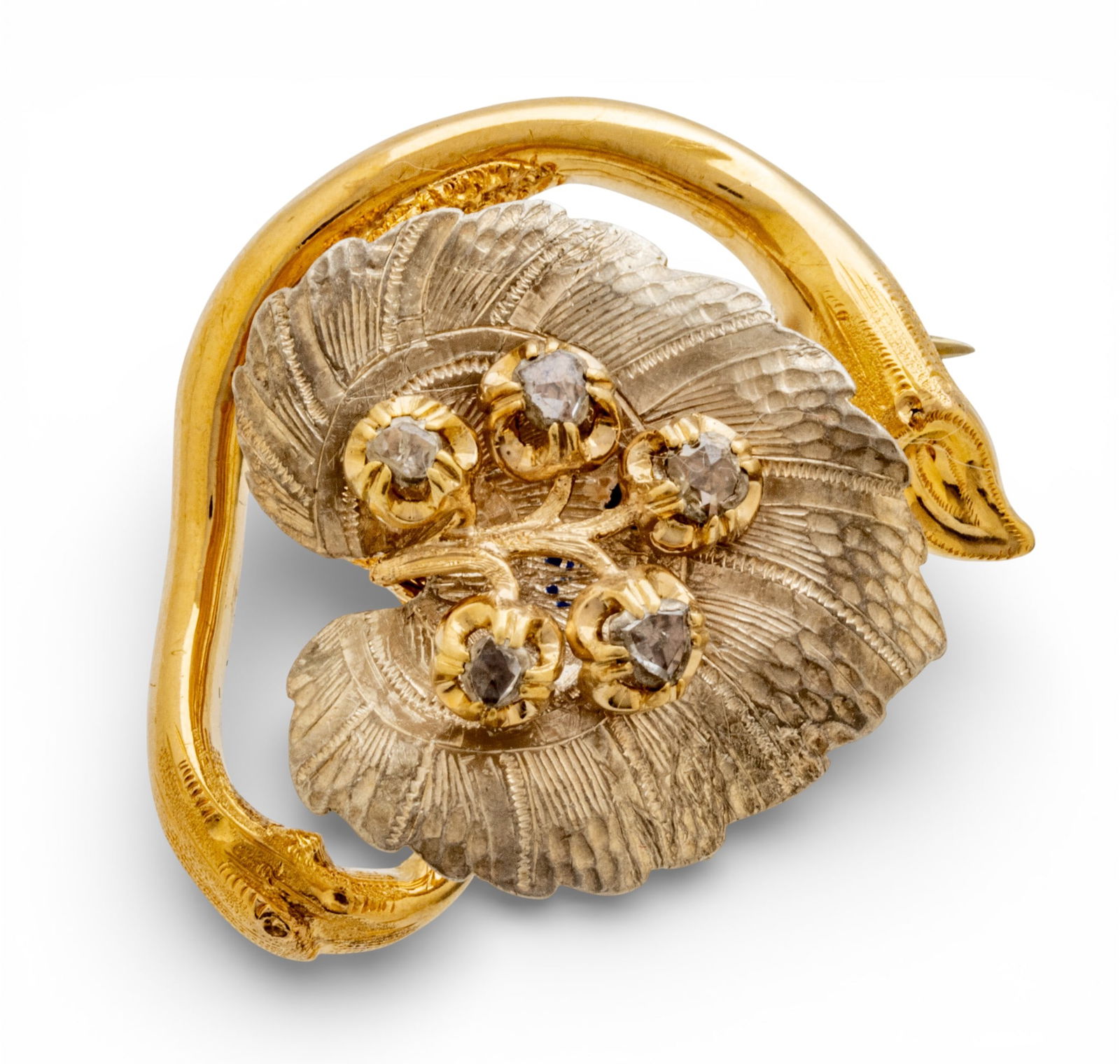 In the Manner of Gustaf Möllenborg Gold, Platinum, and Rose Cut Diamond Ladies Brooch 20th C., (1 of 6)