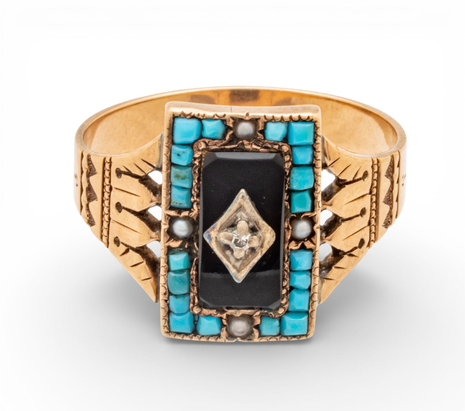 Etruscan Gold and Seed Pearl Ring, Size 7, Mine Cut Diamond 1870, 3 g (1 of 6)