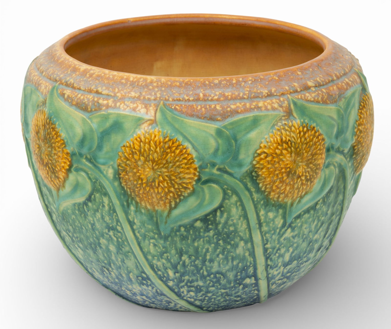 Roseville Pottery (American) 'Sunflower' Pattern Art Pottery Jardinière, Ca. 1930, H 8.25" Dia. (1 of 4)