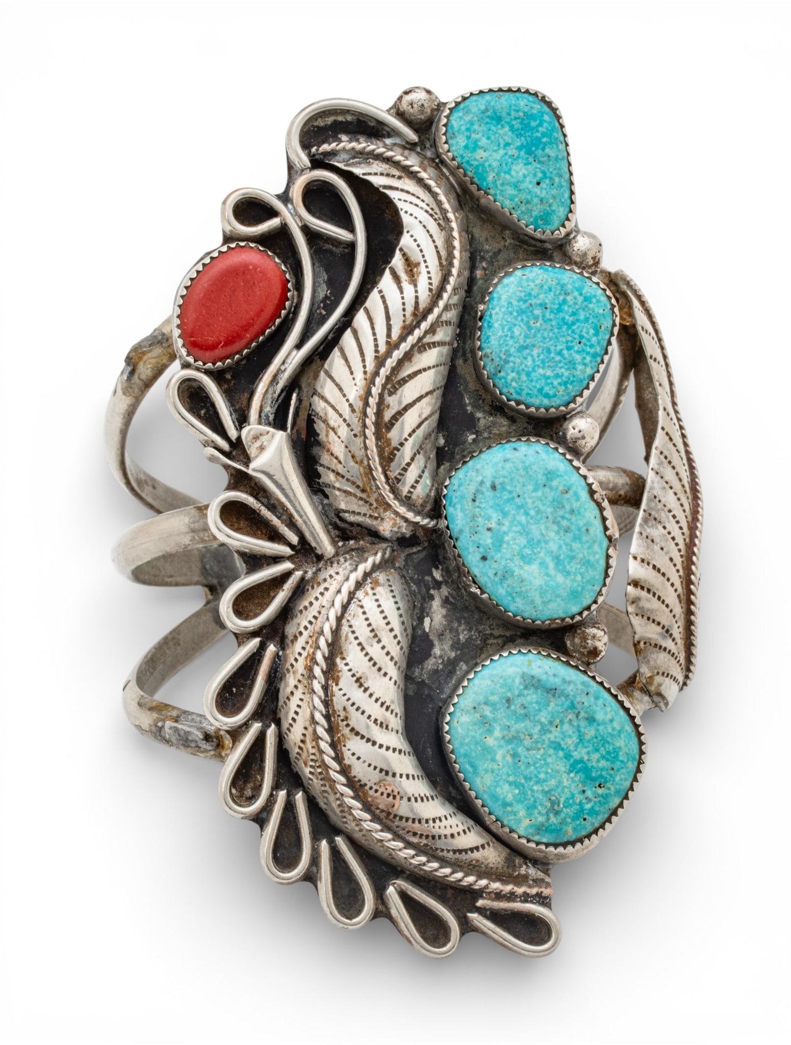 Navajo Silver, Turquoise and Coral Cuff Bracelet, Man Size W 2.7" L 4.2" 103 g 1 PC (1 of 6)