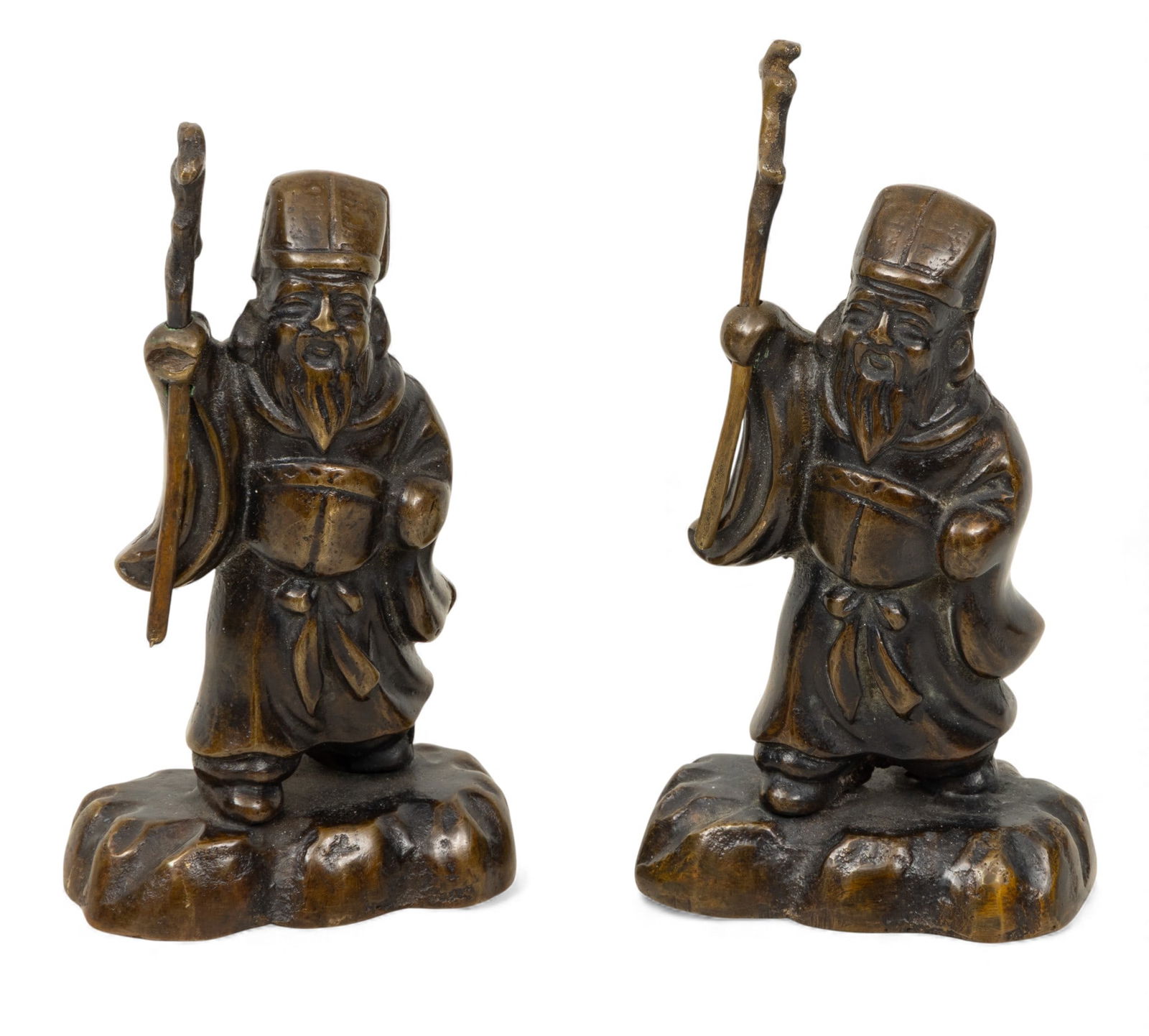 Chinese Miniature Bronze Sculptures, Elders with Walking Sticks 1900, H 4.2" 2 PCS (1 of 5)