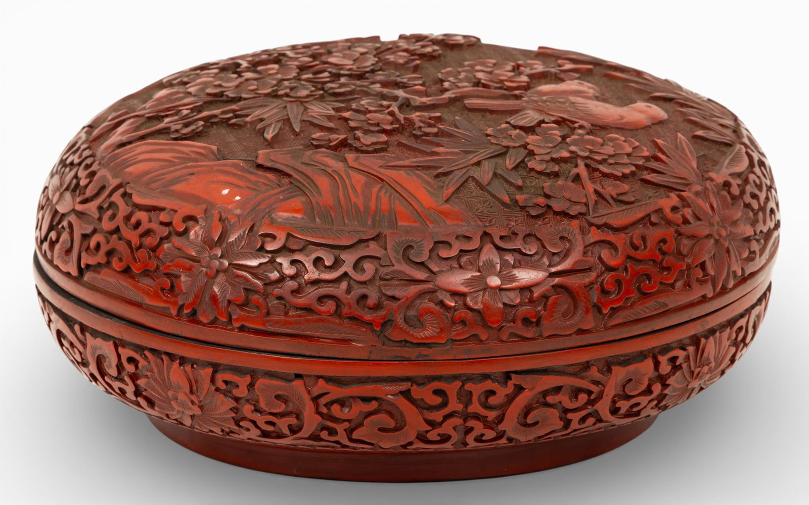 Chinese Cinnabar Carved Lacquer Round Covered Box Dia. 10" (1 of 4)