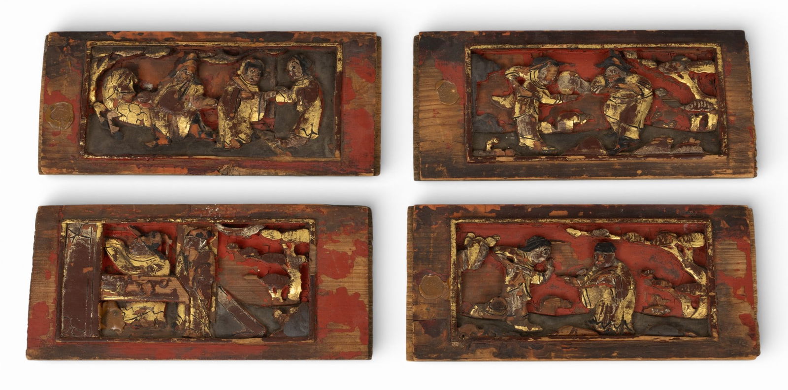 Chinese Carved Wood Panels 19th Cent., 'Courtship Scenes', H 4.5" W 9.75" 4 PCS (1 of 2)