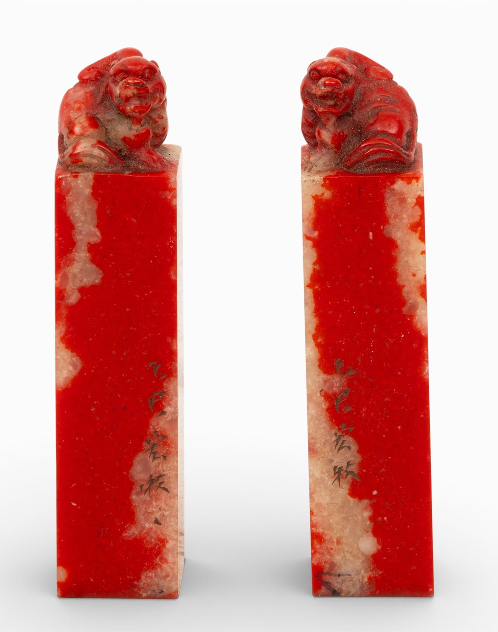 Chinese Carved Red Stone Chop Signature Seals H 5.2" 2 PCS (1 of 7)