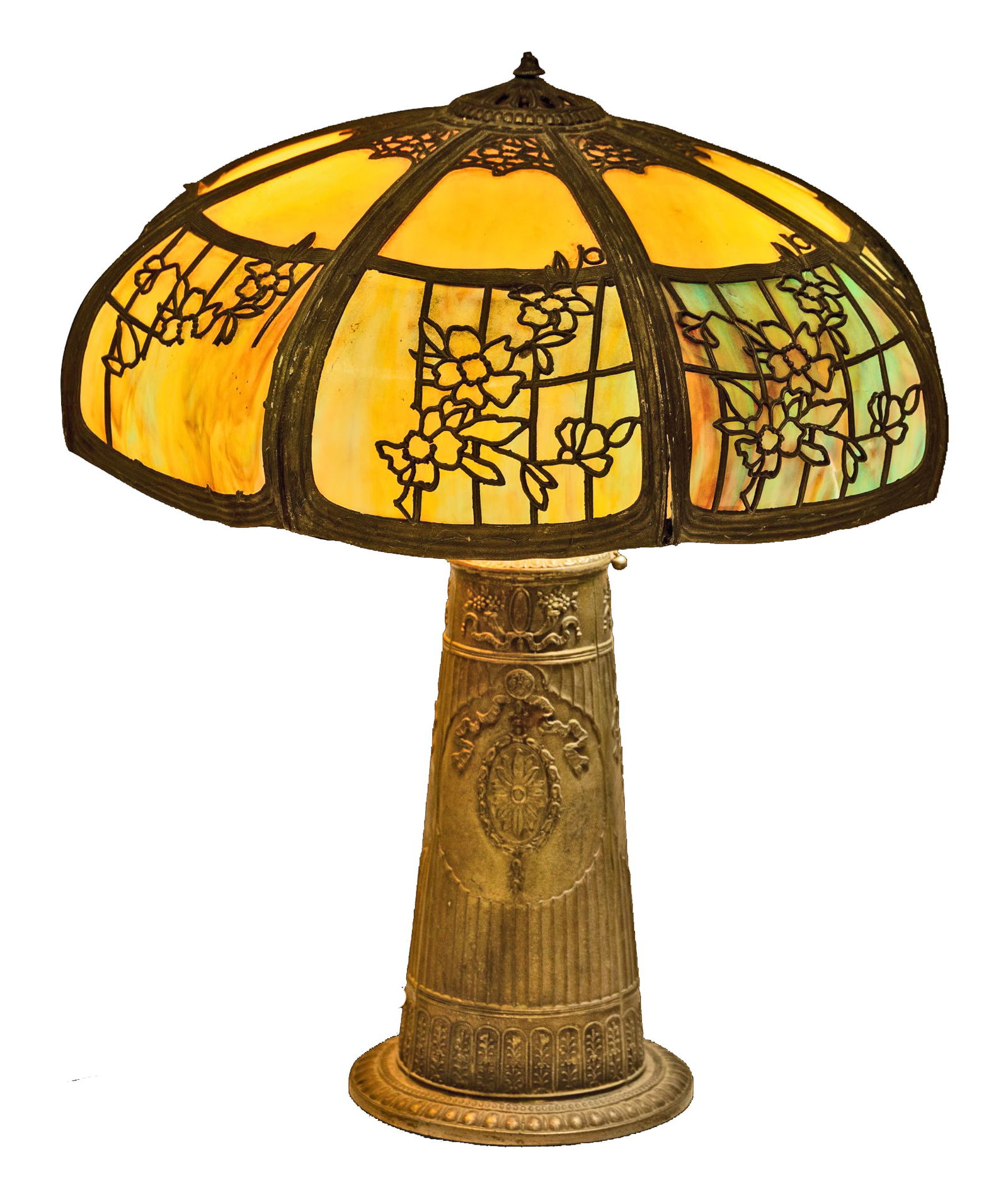 American Caramel and Blue Slag Glass Table Lamp with Octagonal Shade, Ca. 1920, H 24" Dia. 21" (1 of 6)