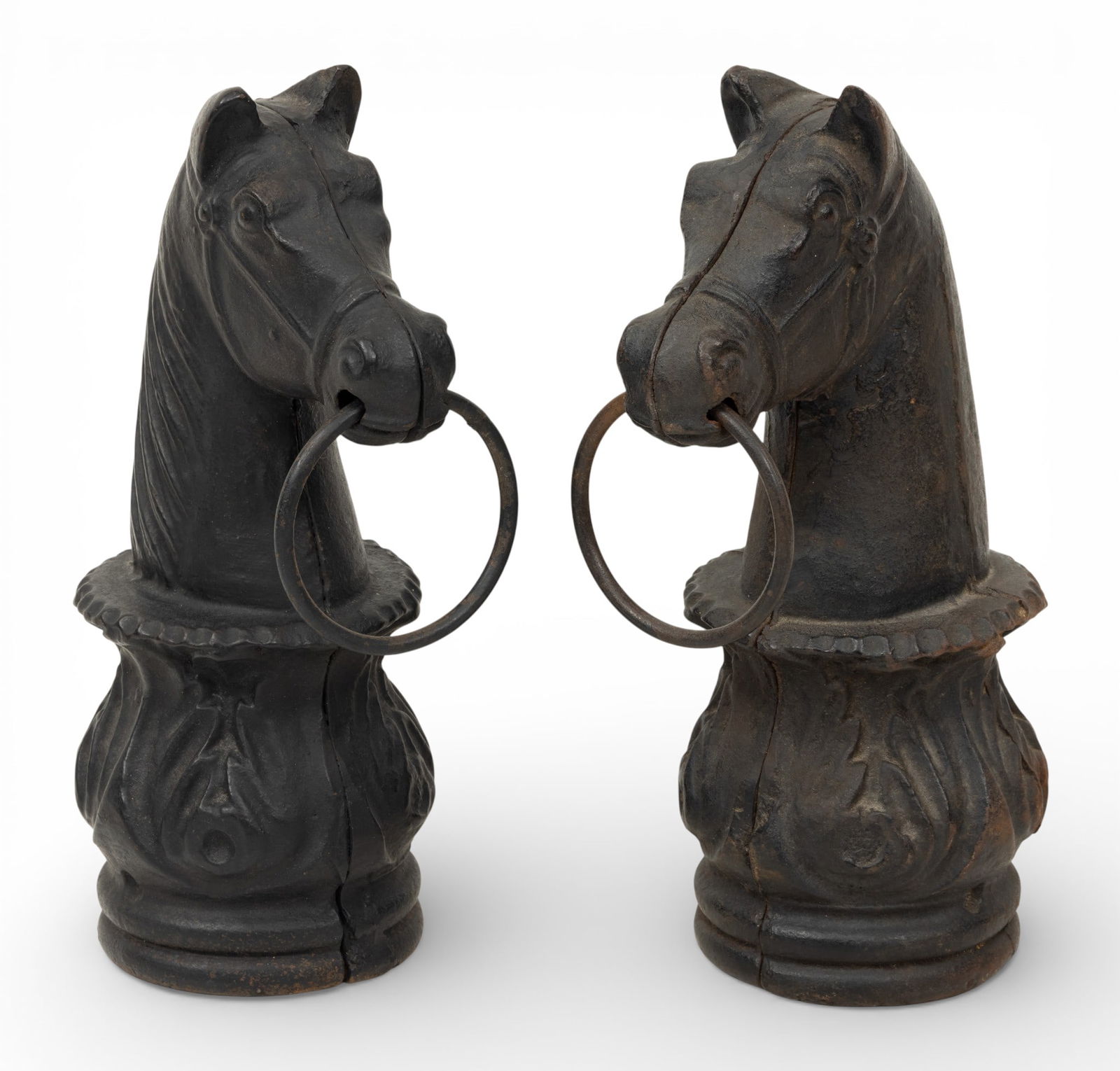 Cast Iron Horse Head Hitching Post Finials, Ca. Late 19th C., H 13" W 5" L 7.75" 1 PAIR (1 of 5)