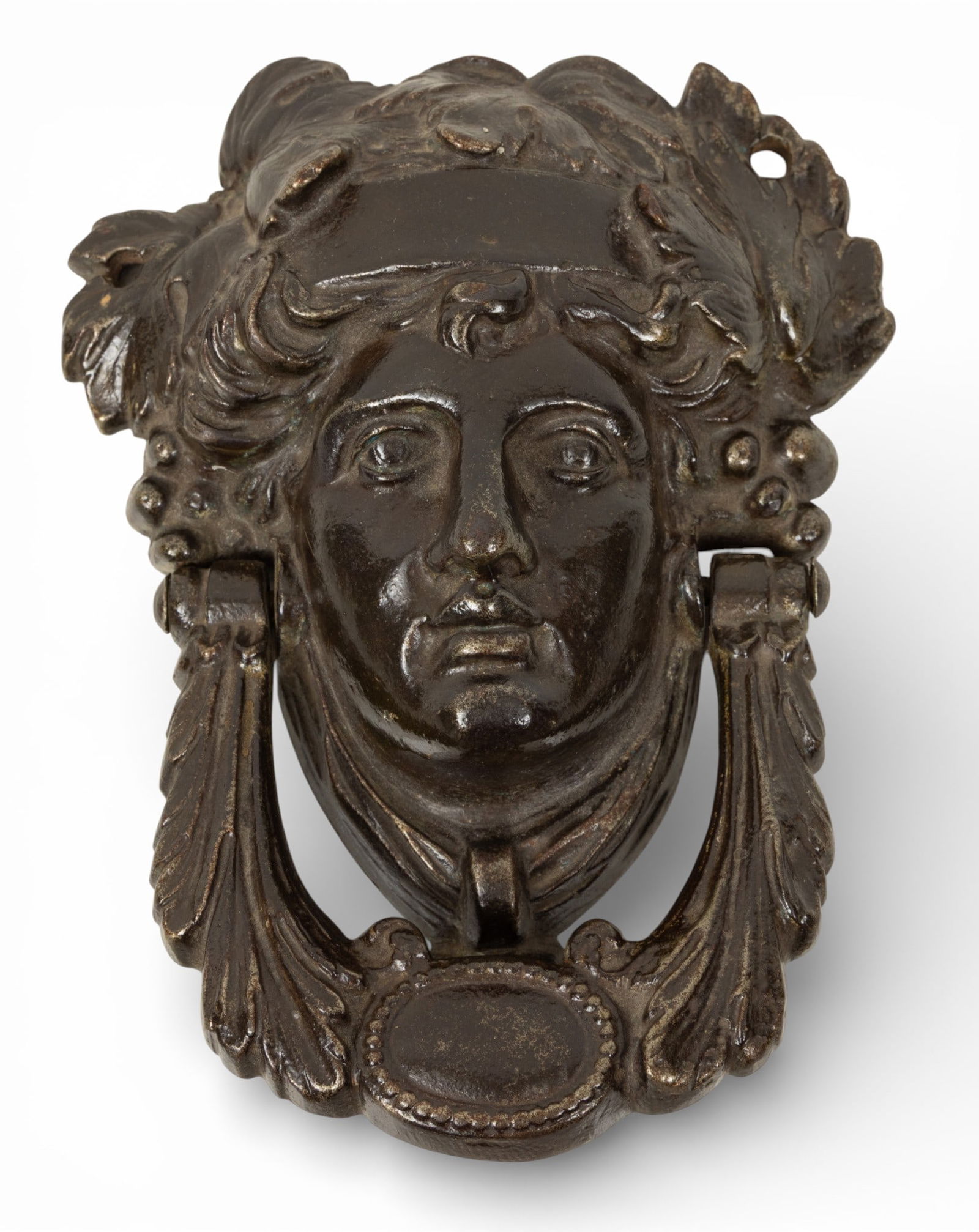 Neoclassical Cast Iron Door Knocker in the Form of Dionysus, Early 20th C., H 8" W 6" Depth 2.5" (1 of 3)