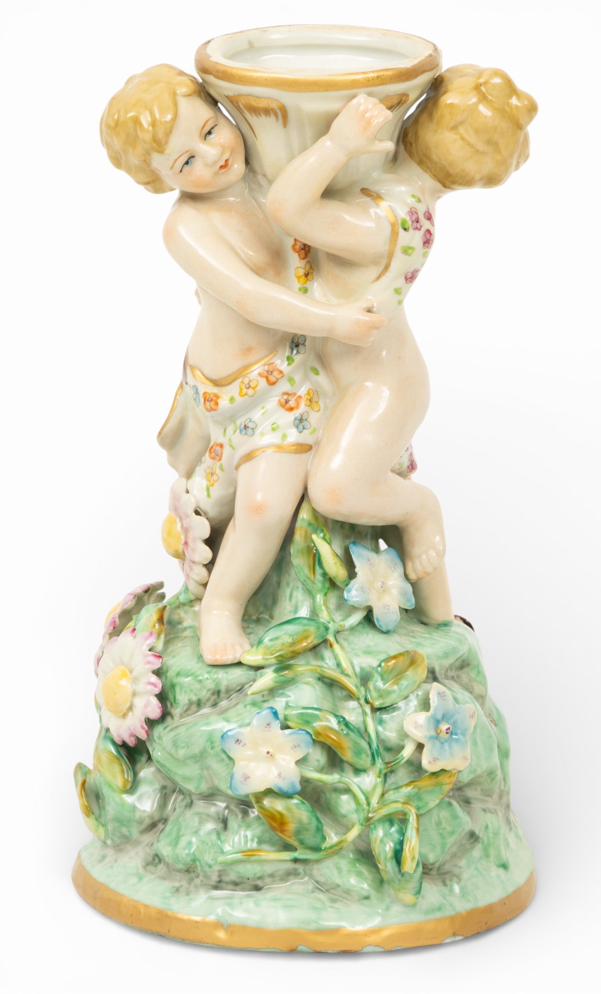 Meissen Style (German) Figural Porcelain Candlestick, Ca. Early 20th Cent., H 8.25" Dia. 4.25" (1 of 5)