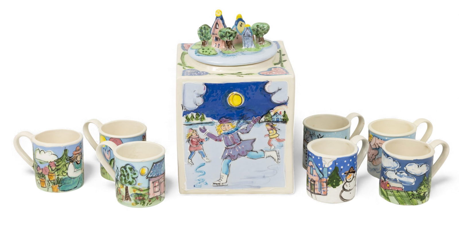 Sue Bolt (American) Ceramic Cookie Jar & Mugs Late 20th C., 8 PCS (1 of 6)