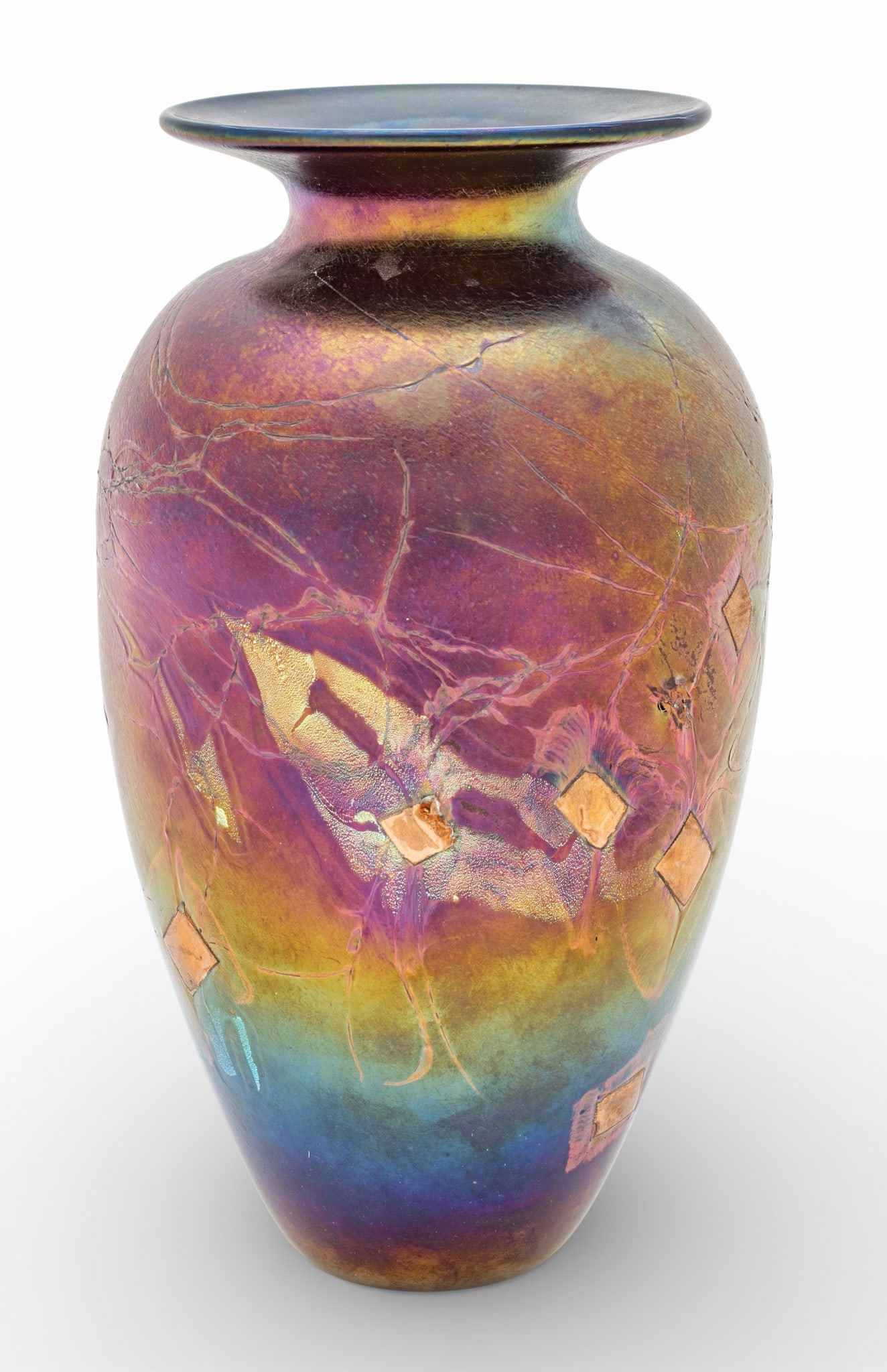Robert Held (Canadian) Hand Blown Glass Vase, Iridescent H 13" Dia. 7" (1 of 7)