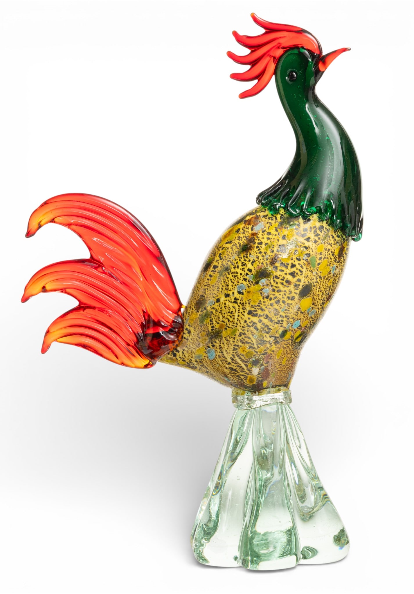 Murano (Venetian) Glass Rooster Mid 20th Cent., H 13.25" W 4" Depth 8": Murano (Venetian) Glass Rooster Mid 20th Cent., H 13.25" W 4" Depth 8" Handmade Venetian rooster with yellow, red, and green glass. Provenance: Property from a Brethern, MI private collector Dimensio