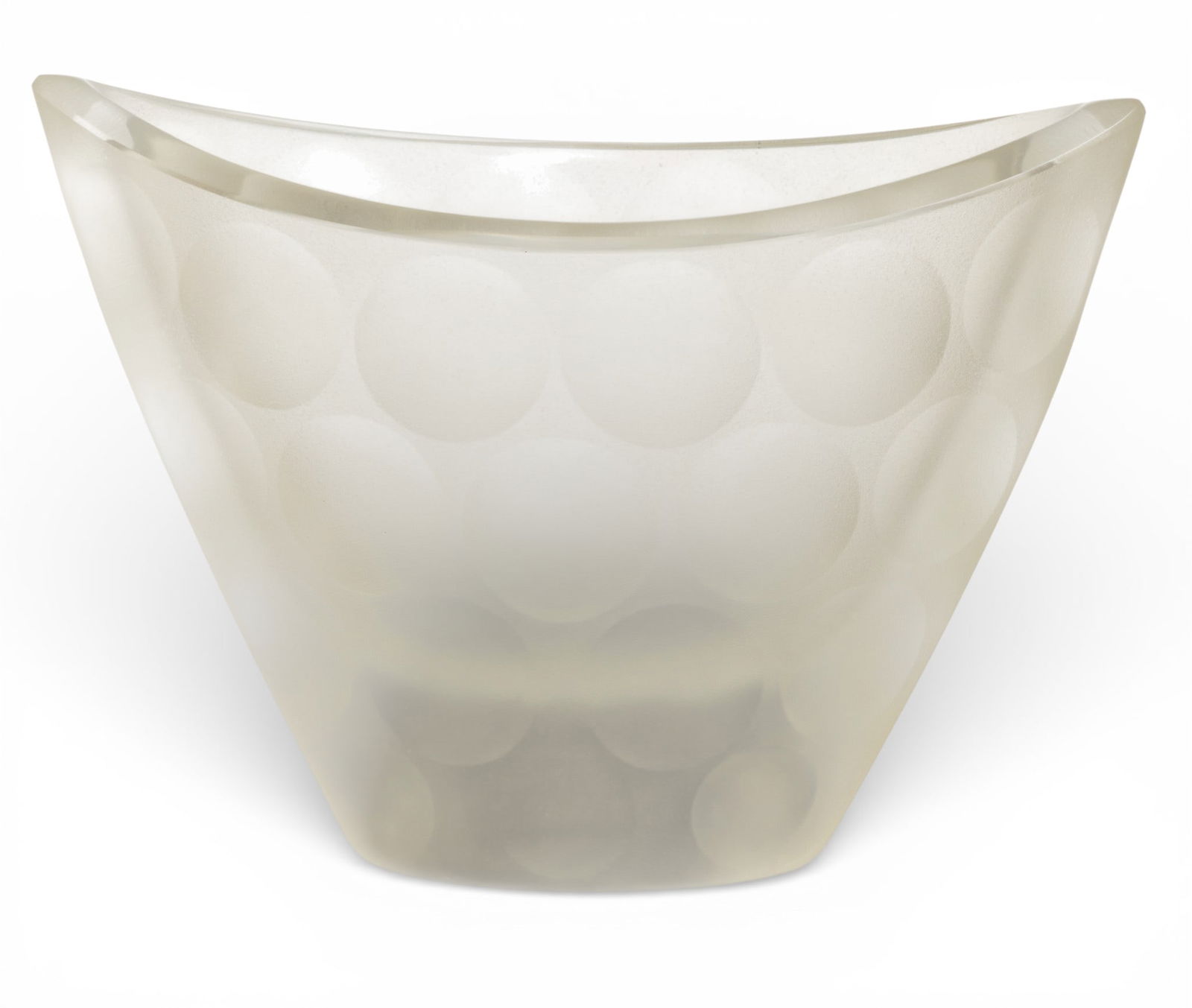 Sabino (French) Frosted Glass Vase, Ca. 1930, H 5.75" W 8" Depth 3.75": Sabino (French) Frosted Glass Vase, Ca. 1930, H 5.75" W 8" Depth 3.75" Relief repeating circle pattern and flared rim. Signed Sabino on base. Provenance: Property from a Prominent Art & Design C