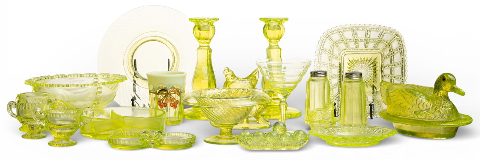 American Uranium Vaseline Glass Collection, Featuring Mosser Glass (Cambridge, OH) and Westmoreland: American Uranium Vaseline Glass Collection, Featuring Mosser Glass (Cambridge, OH) and Westmoreland Glass Company (Grapeville, PA), 20th C., 17 PCS Lot includes: (1.) Westmoreland Glass Company d