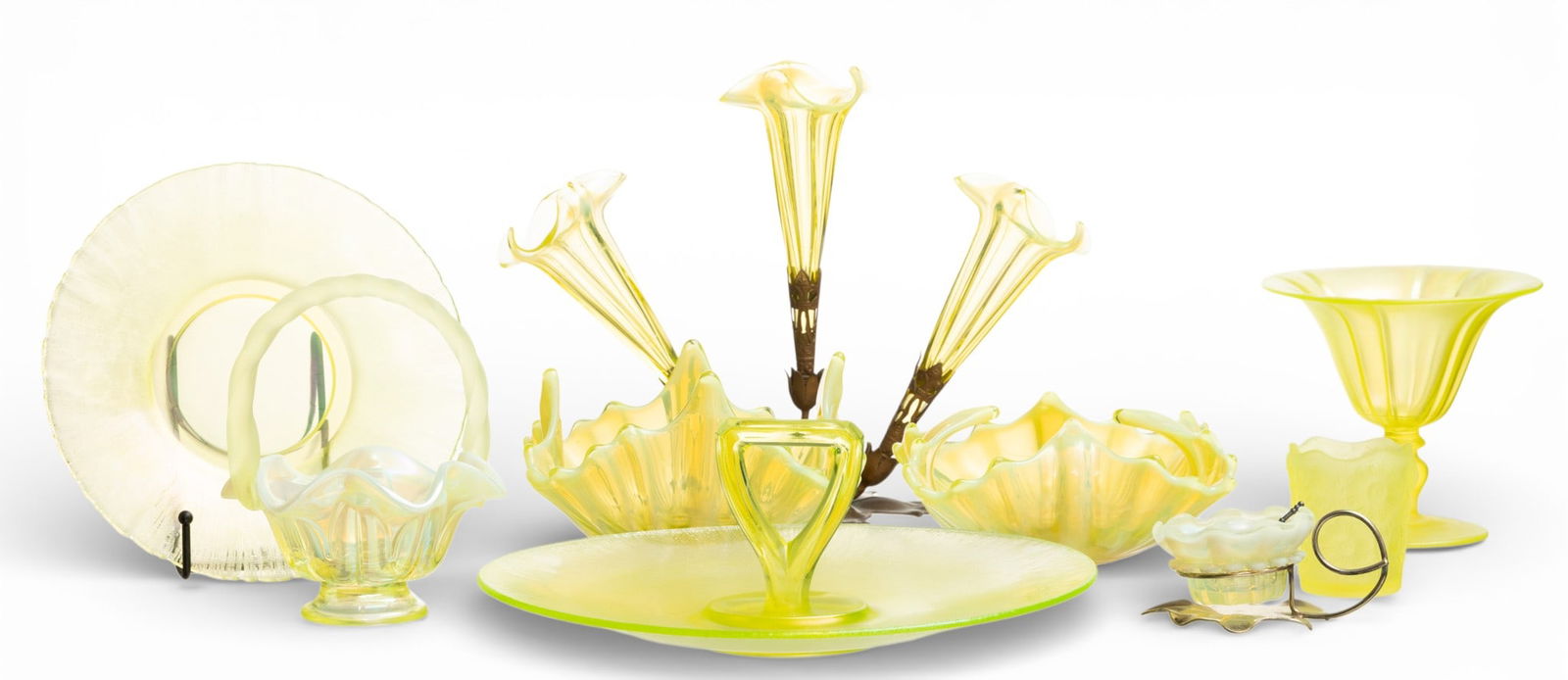 American Iridescent Uranium Vaseline Glass Grouping, Featuring Tiffin Glass and Fostoria Heirloom, (1 of 10)