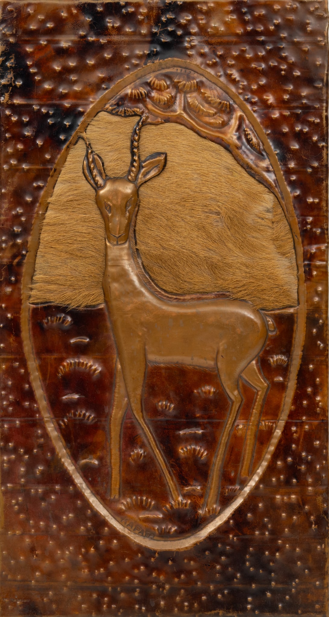 Salisbury, Rhodesia Plaque: Copper & Brass Frame Oval Carved Wood Deer 1970, H 26" W 14" (1 of 4)