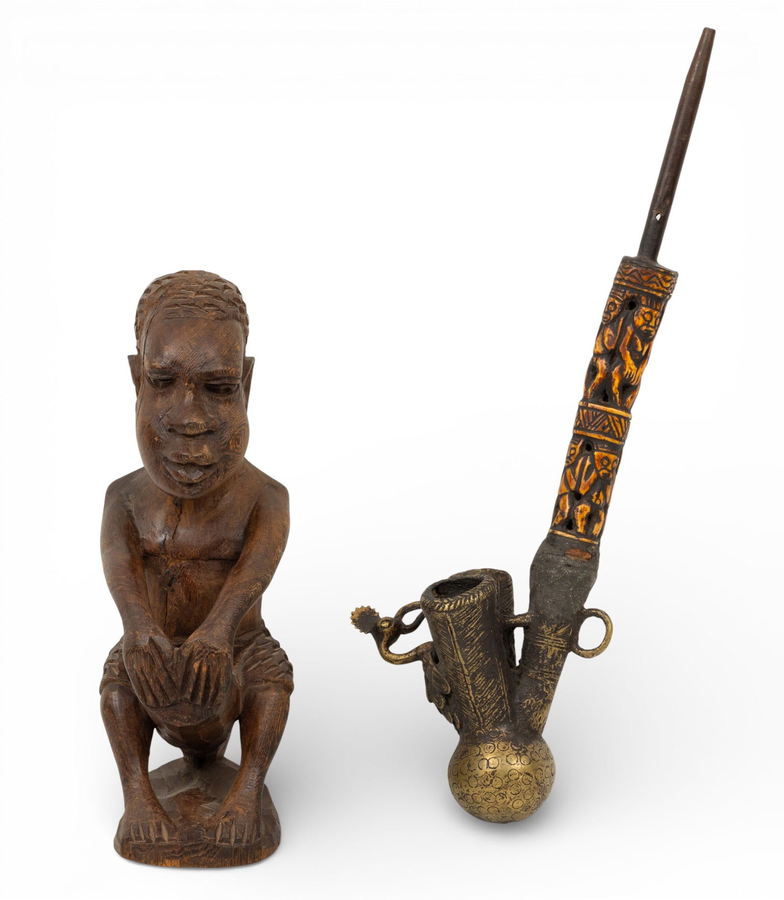 Cameroon, West Africa Bronze Smoking Pipe 18" + Wood Carving Boy Playing Drum 1970, L 18" 2 PCS (1 of 8)
