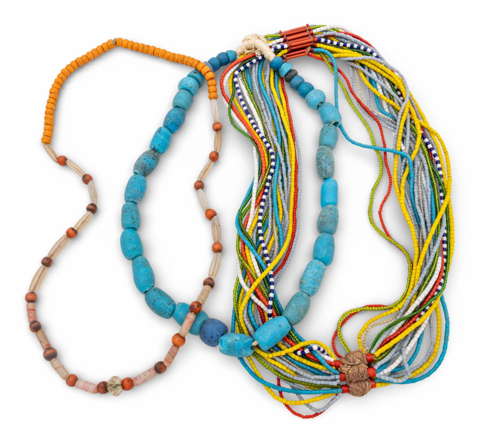African Glass Trade Bead Necklaces, Blue, Orange & Multistrand, 3 PCS (1 of 6)