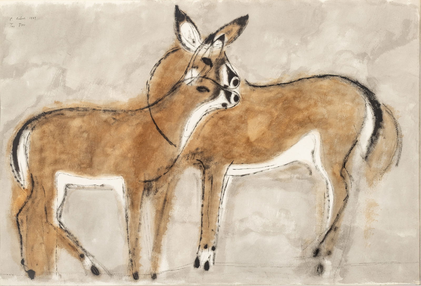 Charles Culver (American, 1908-1967) Watercolor on Wove Paper 1949, 'Two Deer', H 25.5" W 38" Frame: Charles Culver (American, 1908-1967) Watercolor on Wove Paper 1949, 'Two Deer', H 25.5" W 38" Frame Size: H 38" W 50" Signed, dated, and titled upper left: "C. Culver 1949 Two Deer". Depicting t