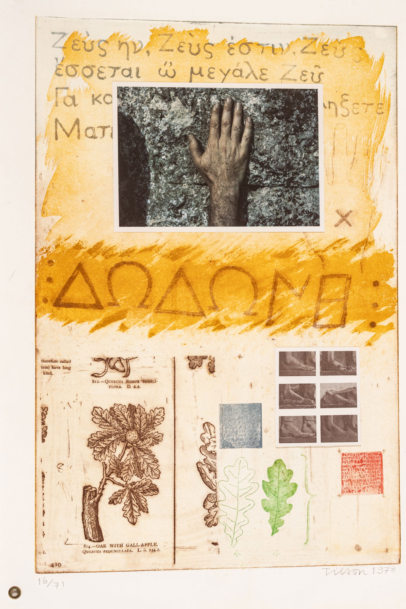 Joe Tilson (British, 1828-2023) Etching, Aquatint and Collage 1978, 'Proscinemi, Dodona, the Oracle (1 of 8)