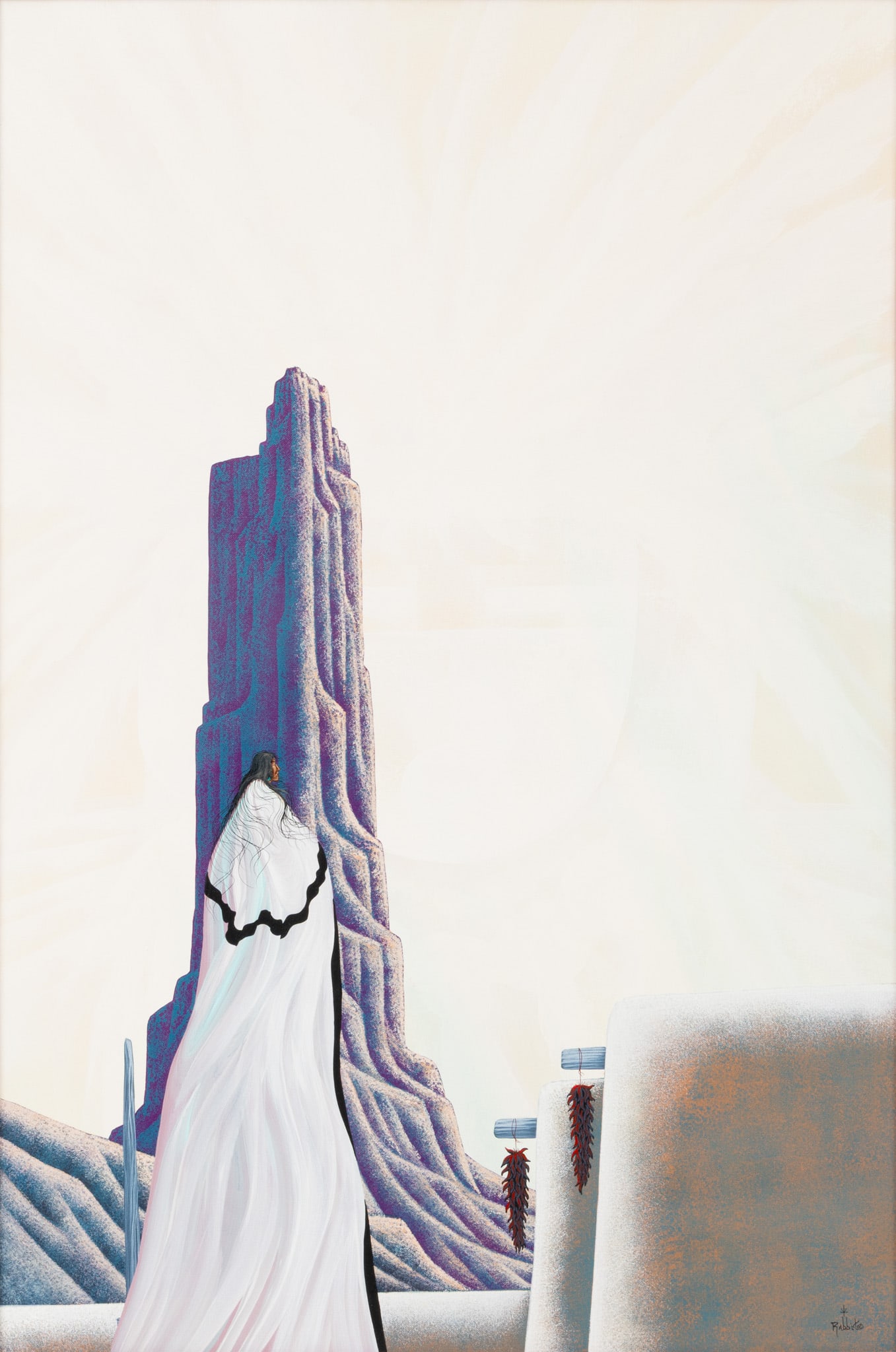 Bill (William) Rabbit (American, 1946-2012) Acrylic on Canvas 'Silent Messenger', H 36" W 24" Frame: Bill (William) Rabbit (American, 1946-2012) Acrylic on Canvas 'Silent Messenger', H 36" W 24" Frame Size: H 41" W 28" Depicting a solitary figure with a flowing white shawl standing before a rock foun