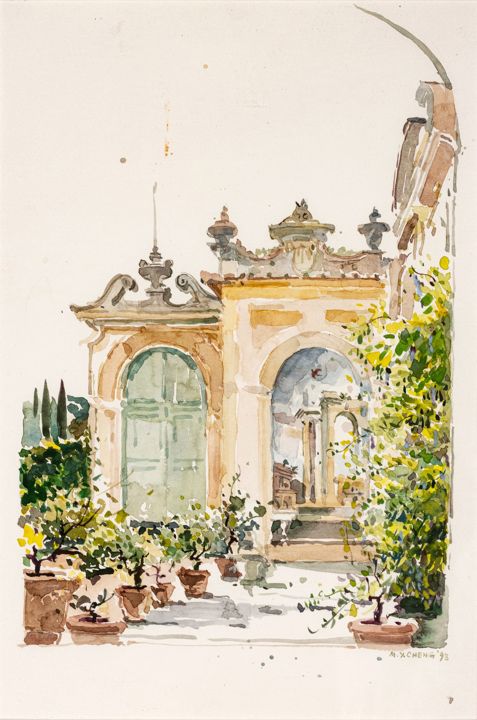 Mignonette Yin Cheng (Chinese, 1933-2009) Watercolor on Paper, 1993, 'Courtyard View', H 11" W 7" (1 of 7)