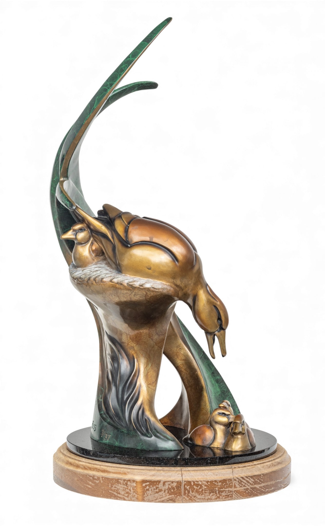 Jason Napier (American, B. 1973) Bronze Sculpture 2003, 'Swimming Lessons', SN: #3/37, H 22" Dia.: Jason Napier (American, B. 1973) Bronze Sculpture 2003, 'Swimming Lessons', SN: #3/37, H 22" Dia. 12" Polychrome bronze sculpture signed and numbered on lower verso. Mounted to wooden swivel base. Dim