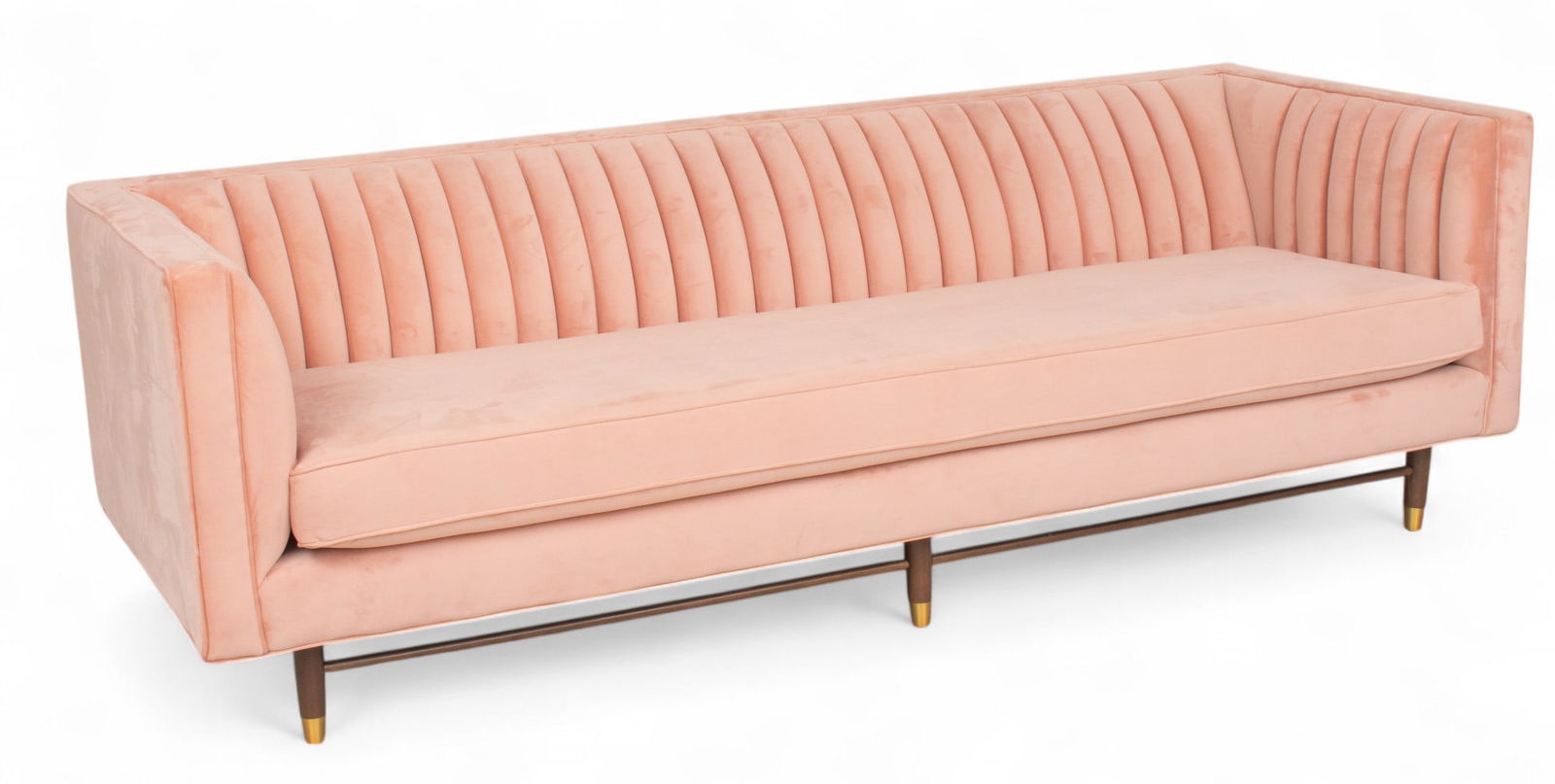 Joybird Channel Back Pink Upholstered Chelsea Sofa H 30'' W 94'' Depth 36'': Joybird Channel Back Pink Upholstered Chelsea Sofa H 30'' W 94'' Depth 36'' A chic, channel-back pink sofa having a sleek, contemporary design and plush, micro suede-like fabric. On tapered wooden leg