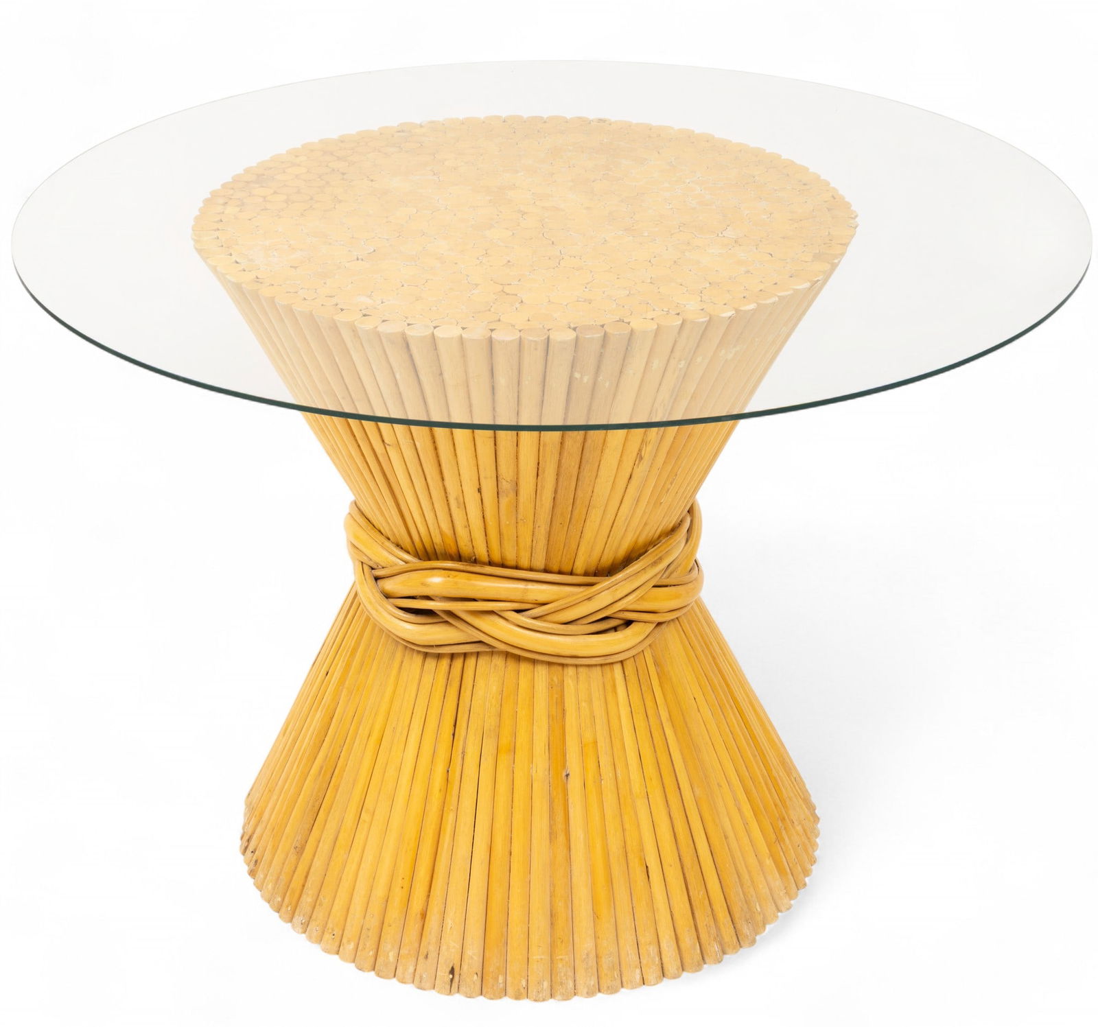 McGuire Style Rattan "Sheaf of Wheat" Table with Glass Top 20th Cen., H 28.75" Dia. 26" (1 of 4)